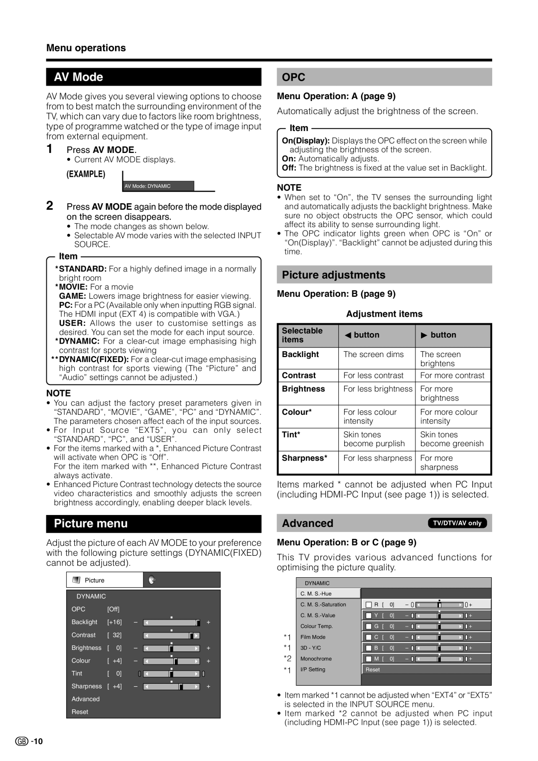 Sharp LC-19D1S, LC-19D1E operation manual AV Mode, Picture menu, Picture adjustments, Menu operations 