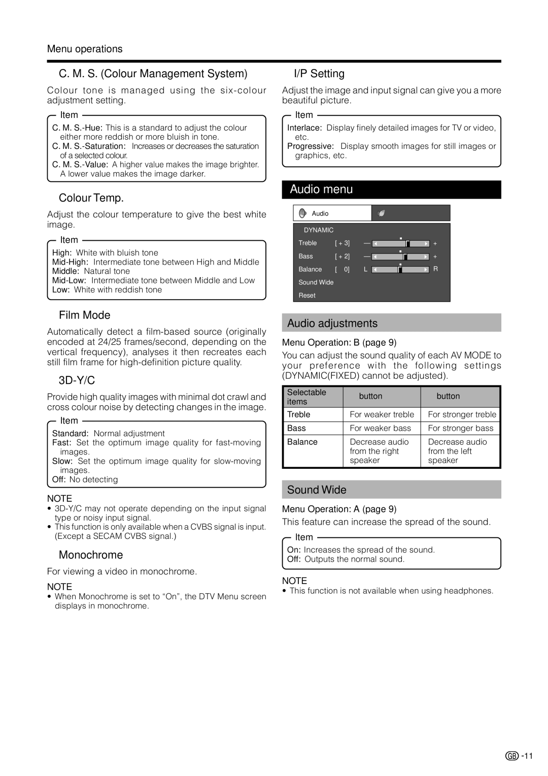 Sharp LC-19D1E, LC-19D1S operation manual Audio menu 