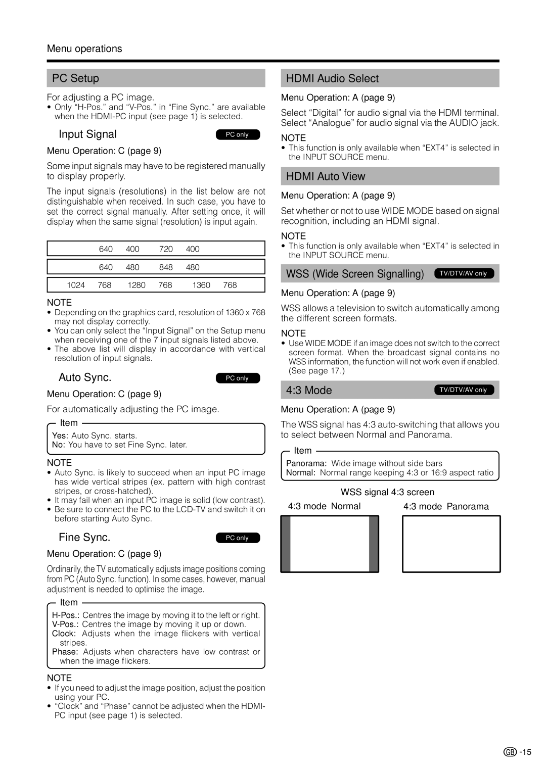 Sharp LC-19D1E, LC-19D1S PC Setup, Hdmi Audio Select, Hdmi Auto View, WSS Wide Screen Signalling TV/DTV/AV only 