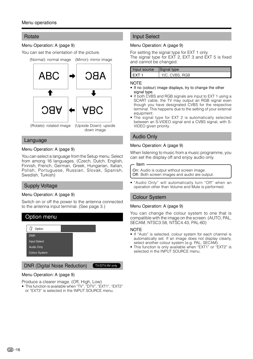 Sharp LC-19D1S, LC-19D1E operation manual Option menu 