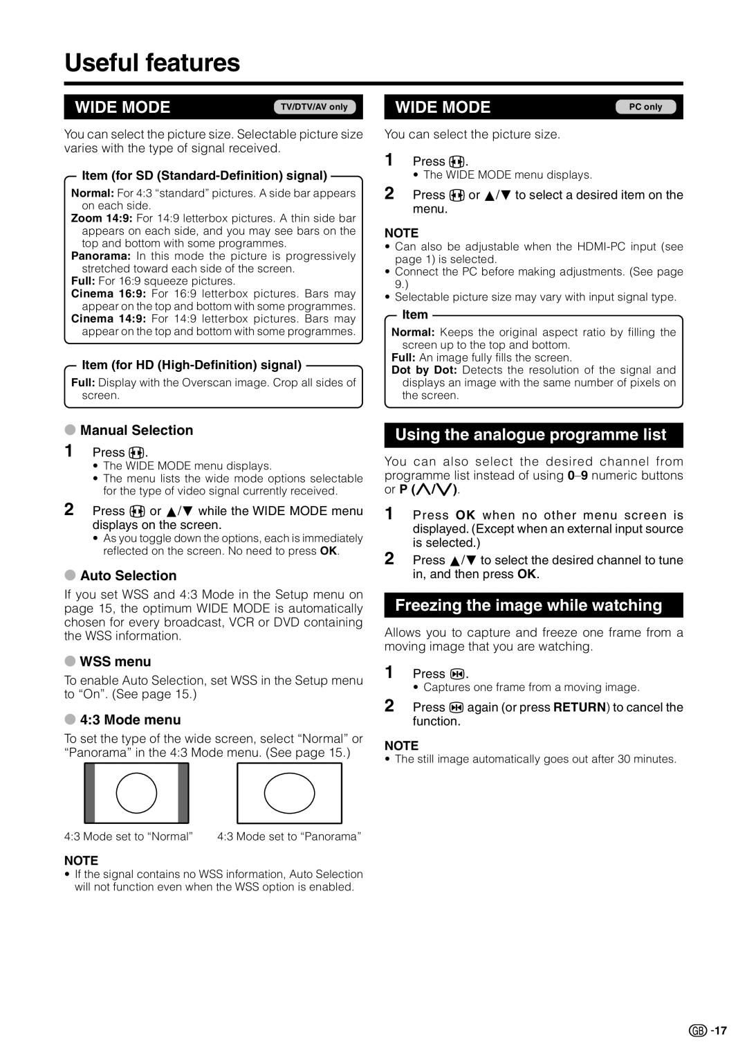 Sharp LC-19D1E, LC-19D1S Useful features, Using the analogue programme list, Freezing the image while watching 