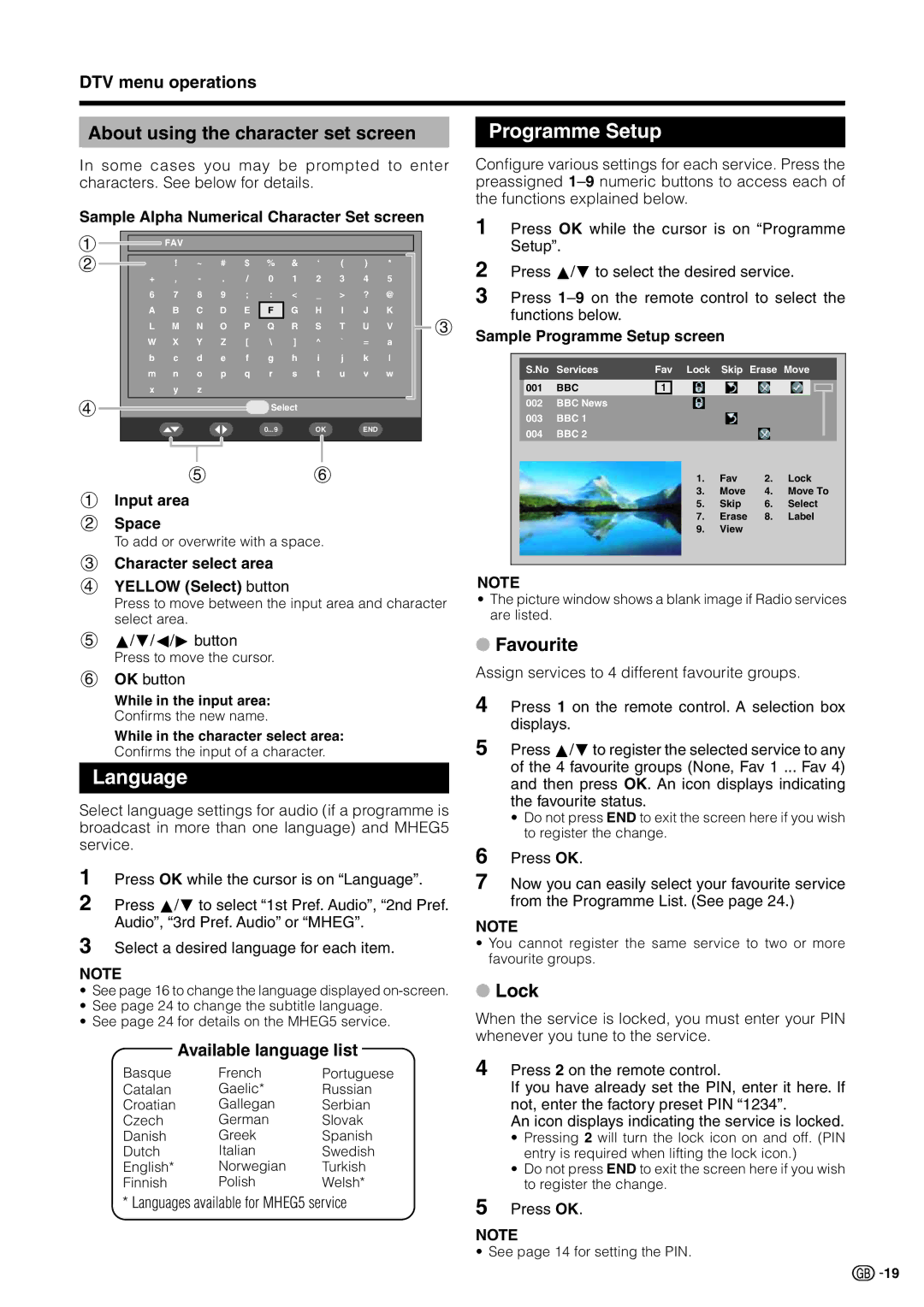 Sharp LC-19D1E, LC-19D1S Language Programme Setup, About using the character set screen, DTV menu operations 