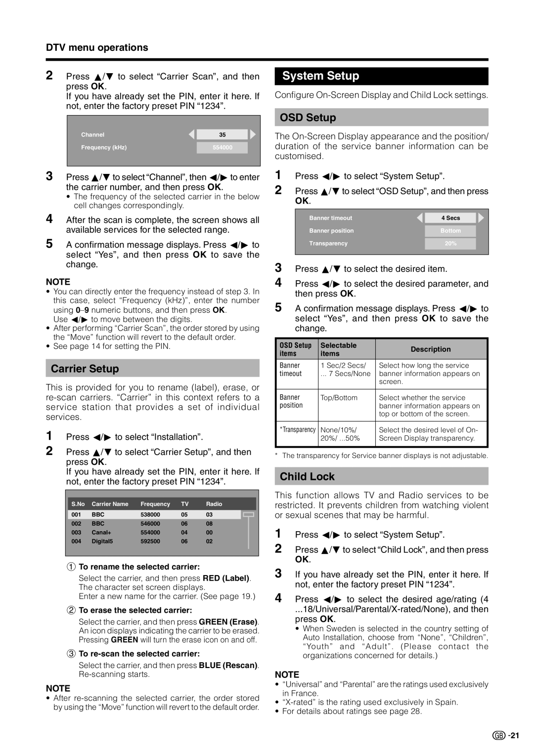 Sharp LC-19D1E, LC-19D1S operation manual System Setup, OSD Setup, Child Lock 