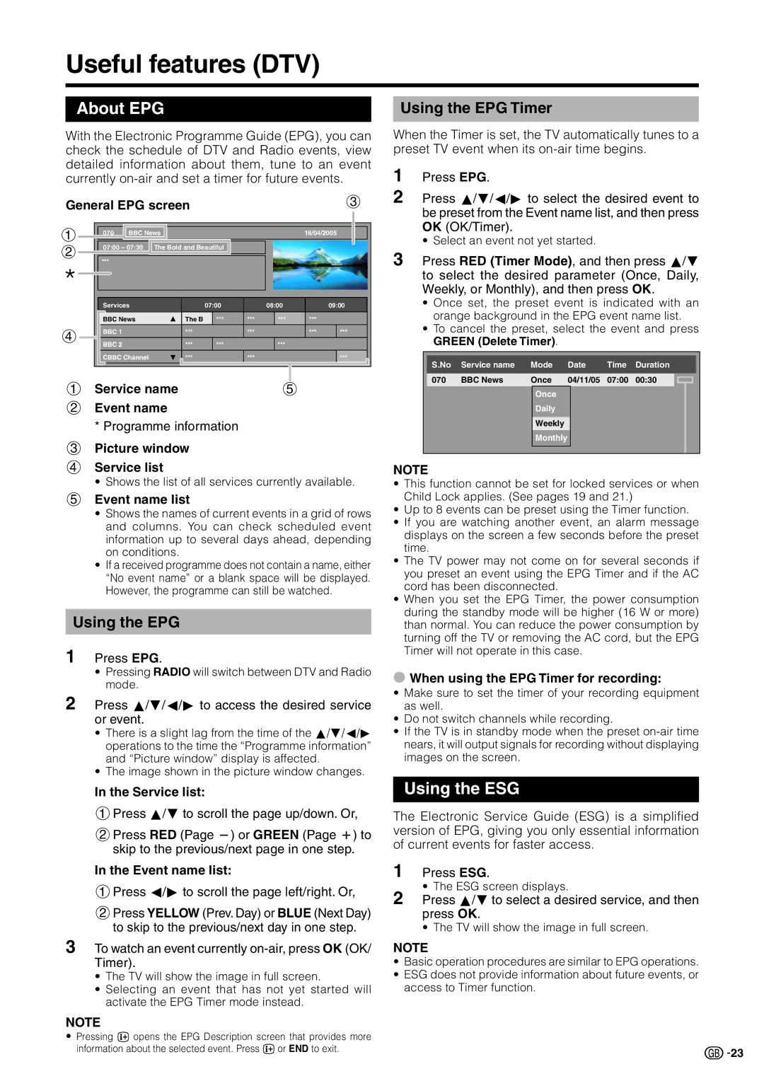 Sharp LC-19D1E, LC-19D1S operation manual Useful features DTV, About EPG, Using the ESG, Using the EPG Timer 