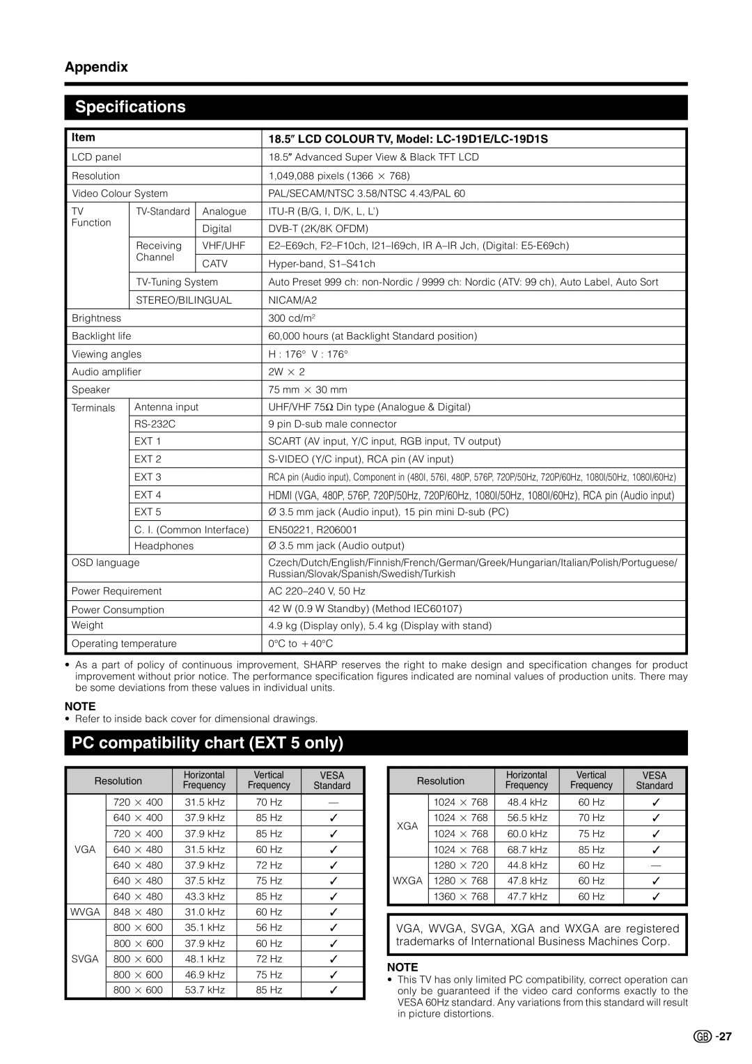 Sharp operation manual Specifications, PC compatibility chart EXT 5 only, 18.5o LCD Colour TV, Model LC-19D1E/LC-19D1S 