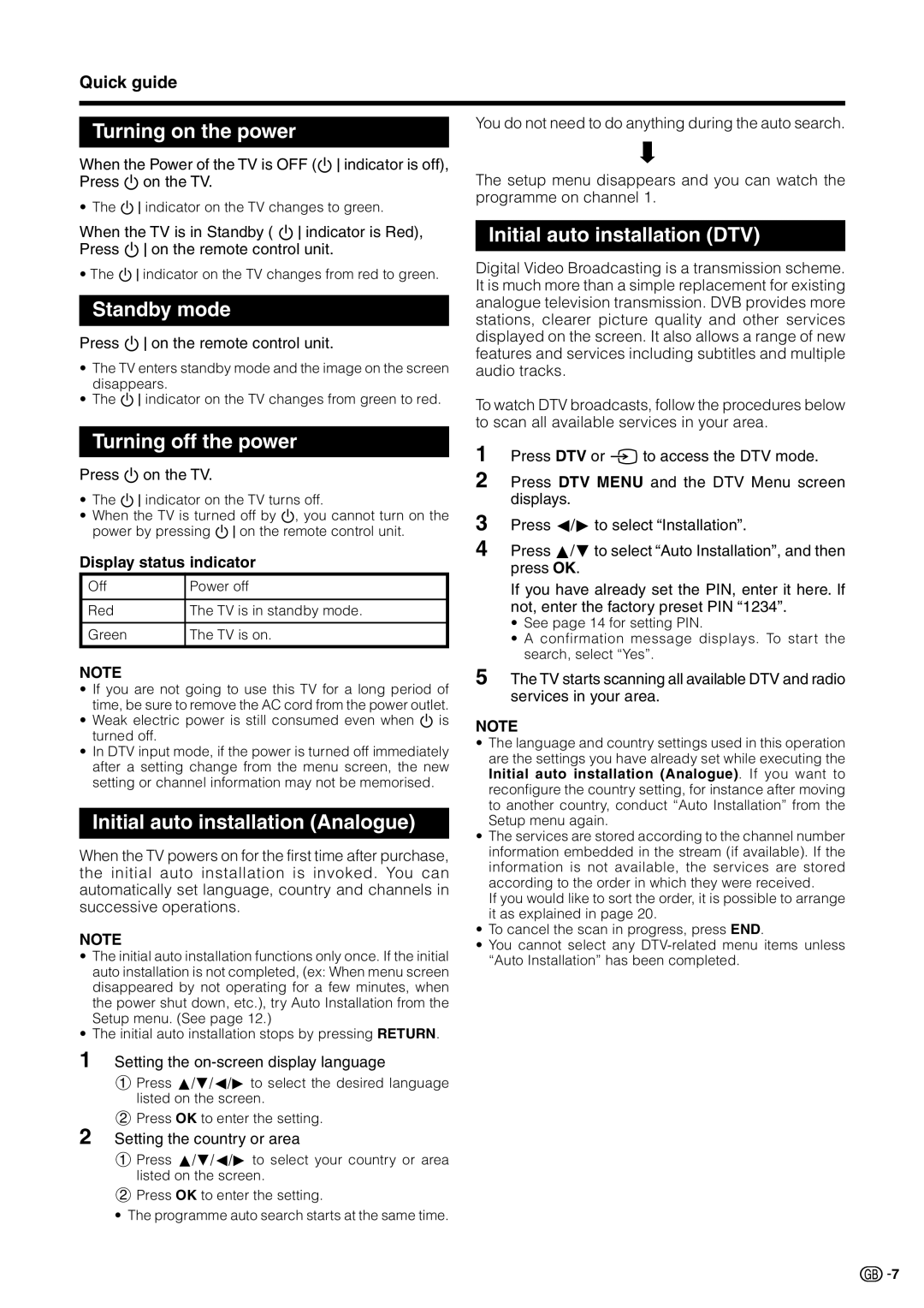 Sharp LC-19D1E, LC-19D1S Turning on the power, Standby mode, Turning off the power, Initial auto installation Analogue 