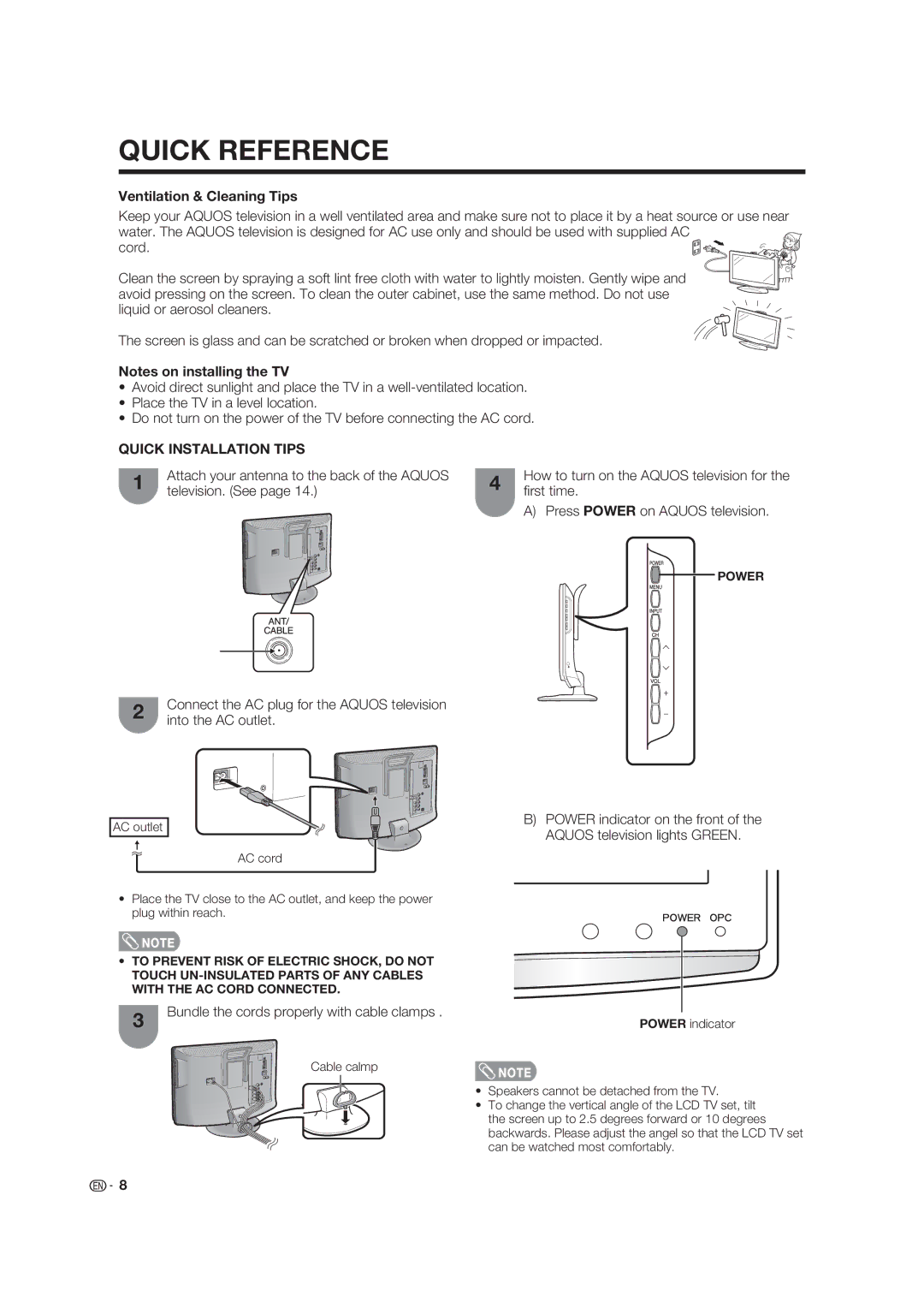 Sharp LC-19D45U operation manual Ventilation & Cleaning Tips, Television. See, Rst time, Press Power on Aquos television 