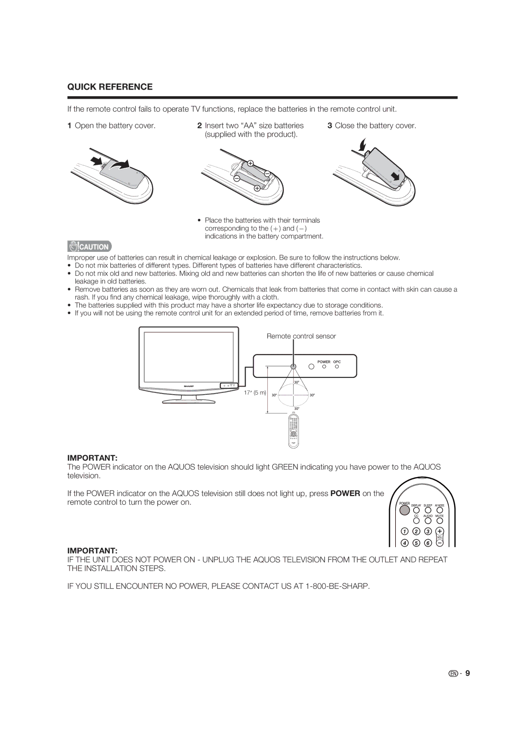 Sharp LC-19D45U operation manual Quick Reference, Close the battery cover 