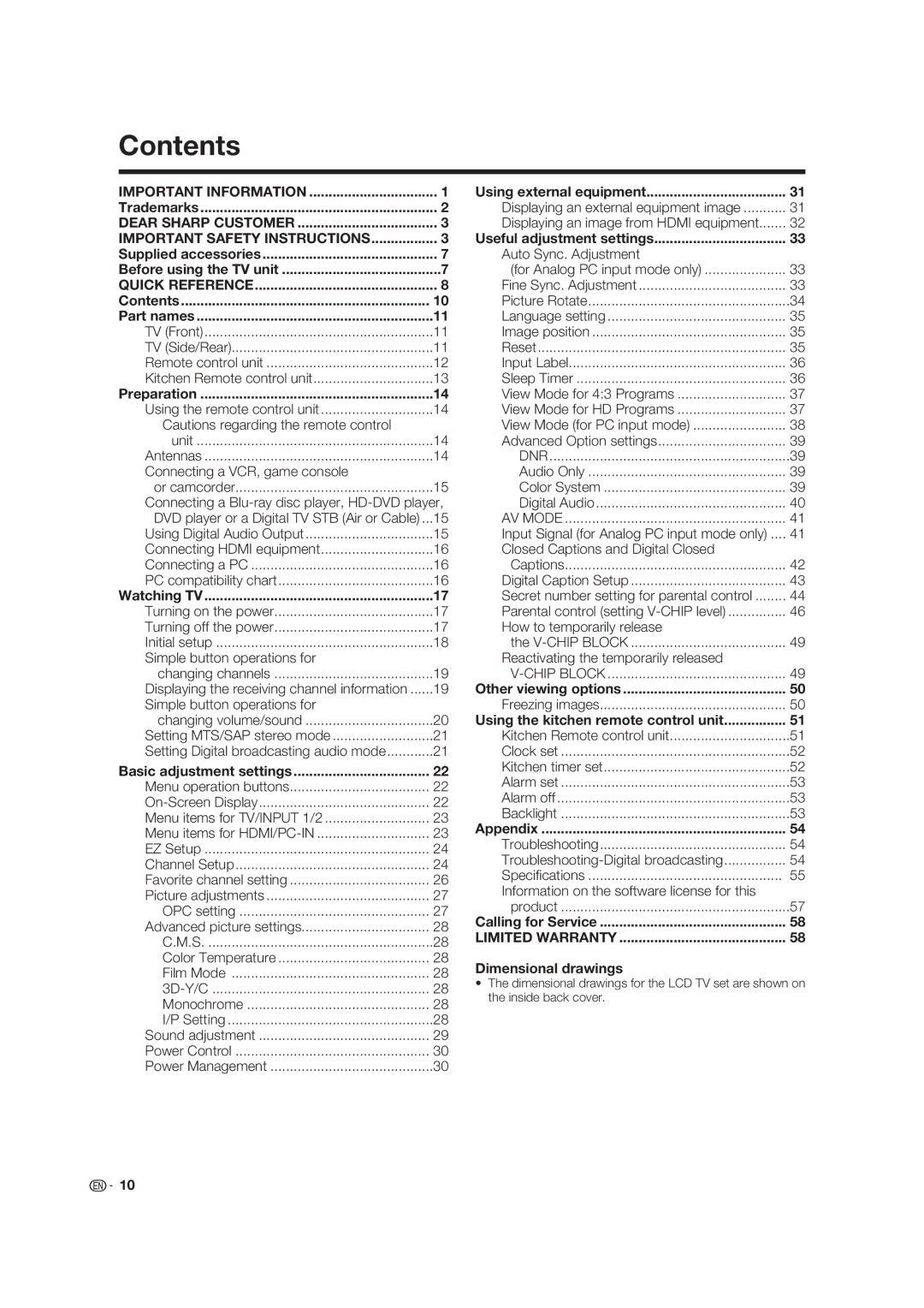 Sharp LC-19D45U operation manual Contents 