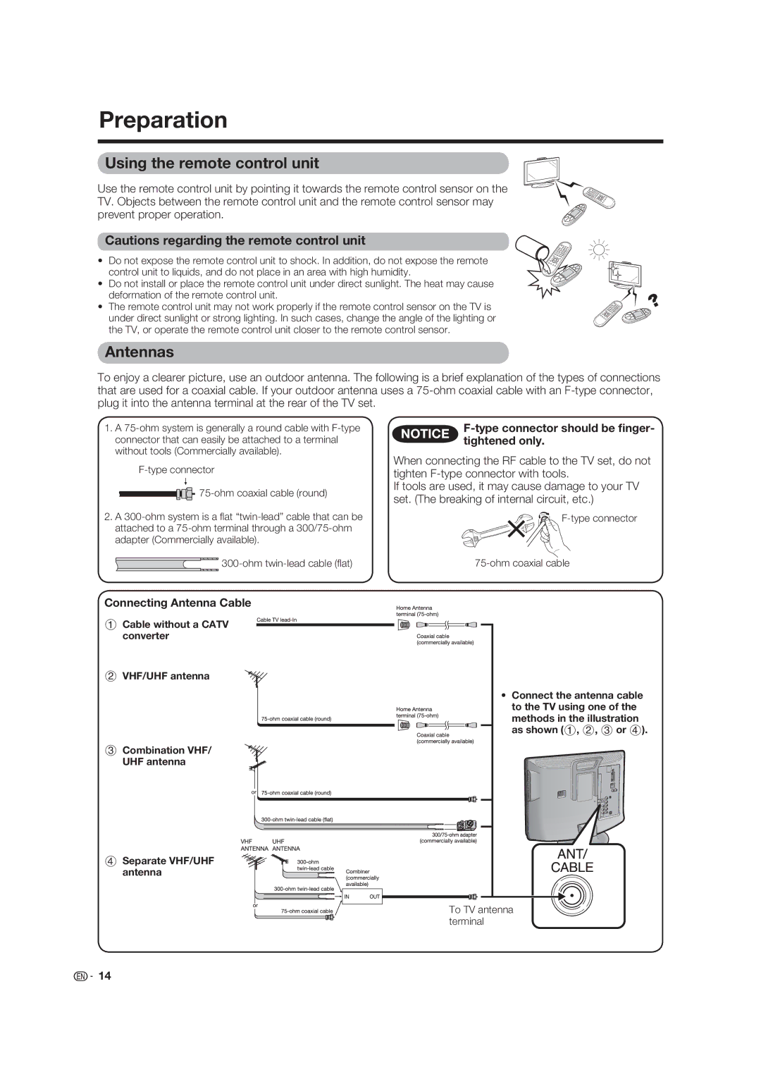 Sharp LC-19D45U operation manual Preparation, Using the remote control unit, Antennas 