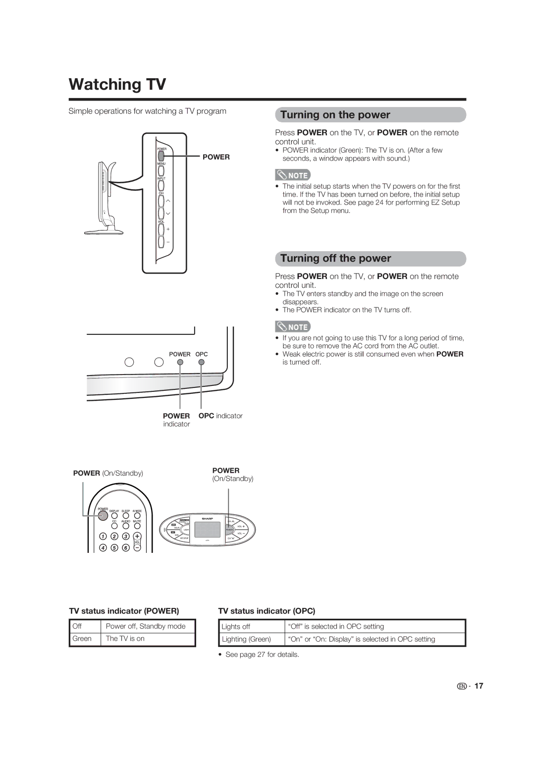 Sharp LC-19D45U operation manual Watching TV, Turning on the power, Turning off the power, TV status indicator Power 