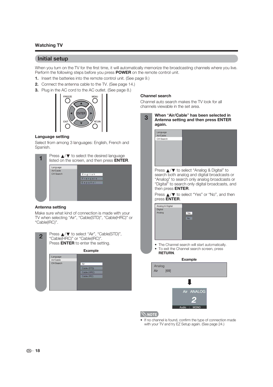 Sharp LC-19D45U operation manual Initial setup, Channel search Language setting, Antenna setting, Example 