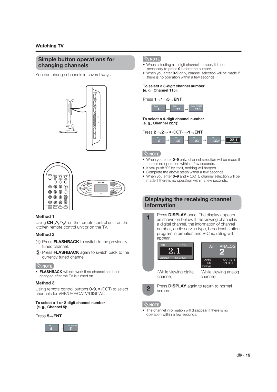 Sharp LC-19D45U Simple button operations for changing channels, Displaying the receiving channel information, Method 