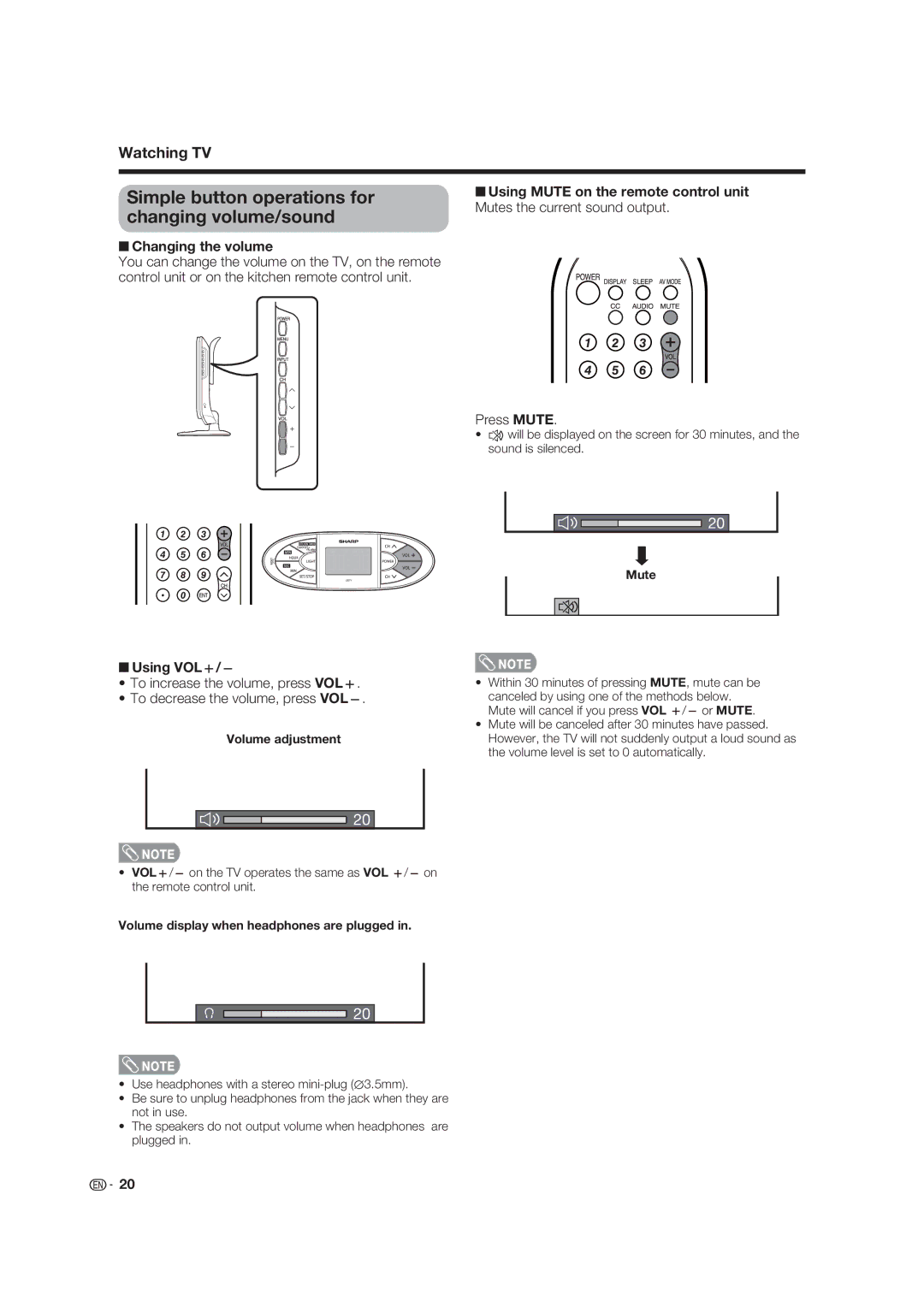 Sharp LC-19D45U Simple button operations for changing volume/sound, Changing the volume, Press Mute, Using VOLk/l 