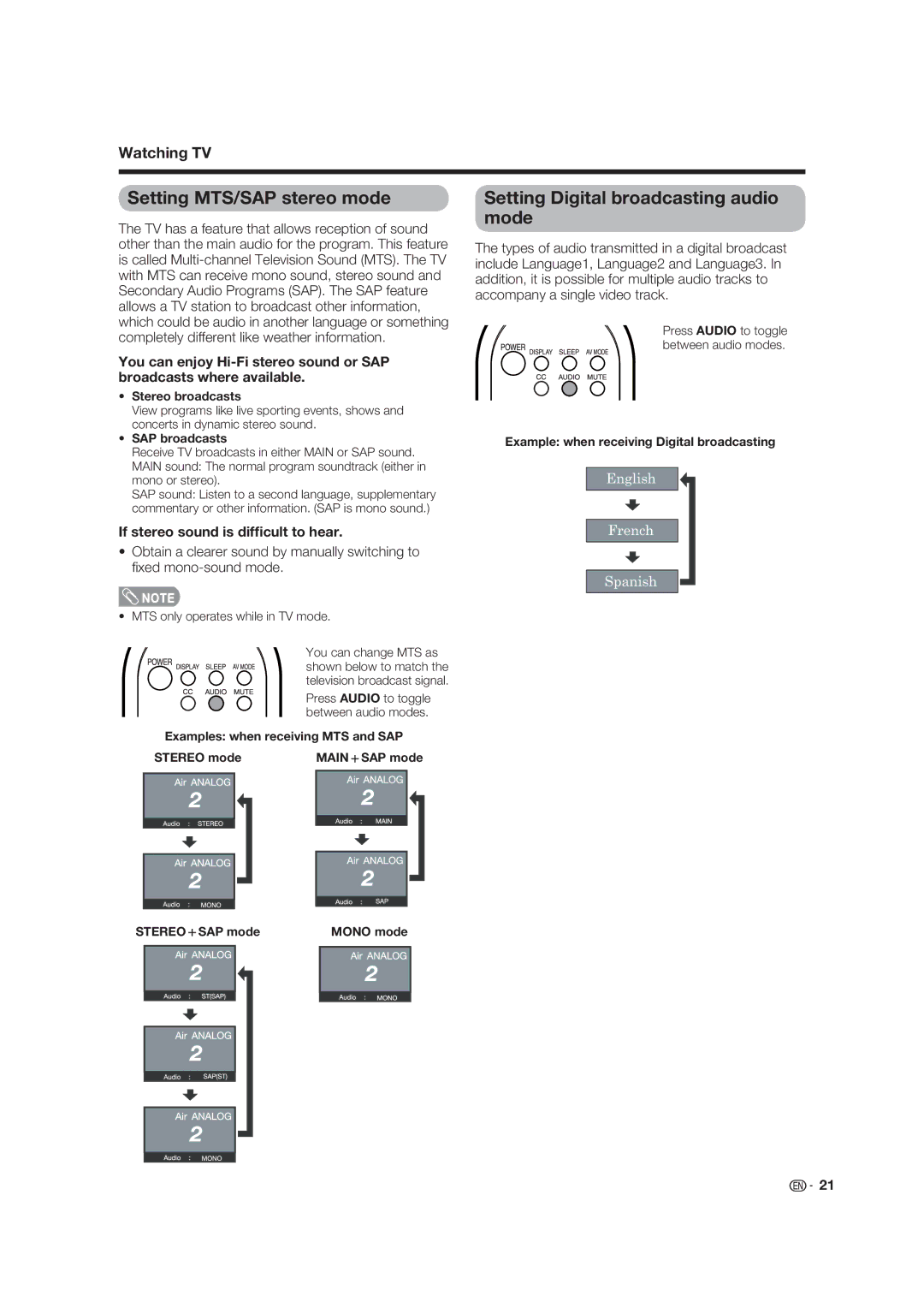 Sharp LC-19D45U Setting MTS/SAP stereo mode, Setting Digital broadcasting audio mode, If stereo sound is difﬁcult to hear 