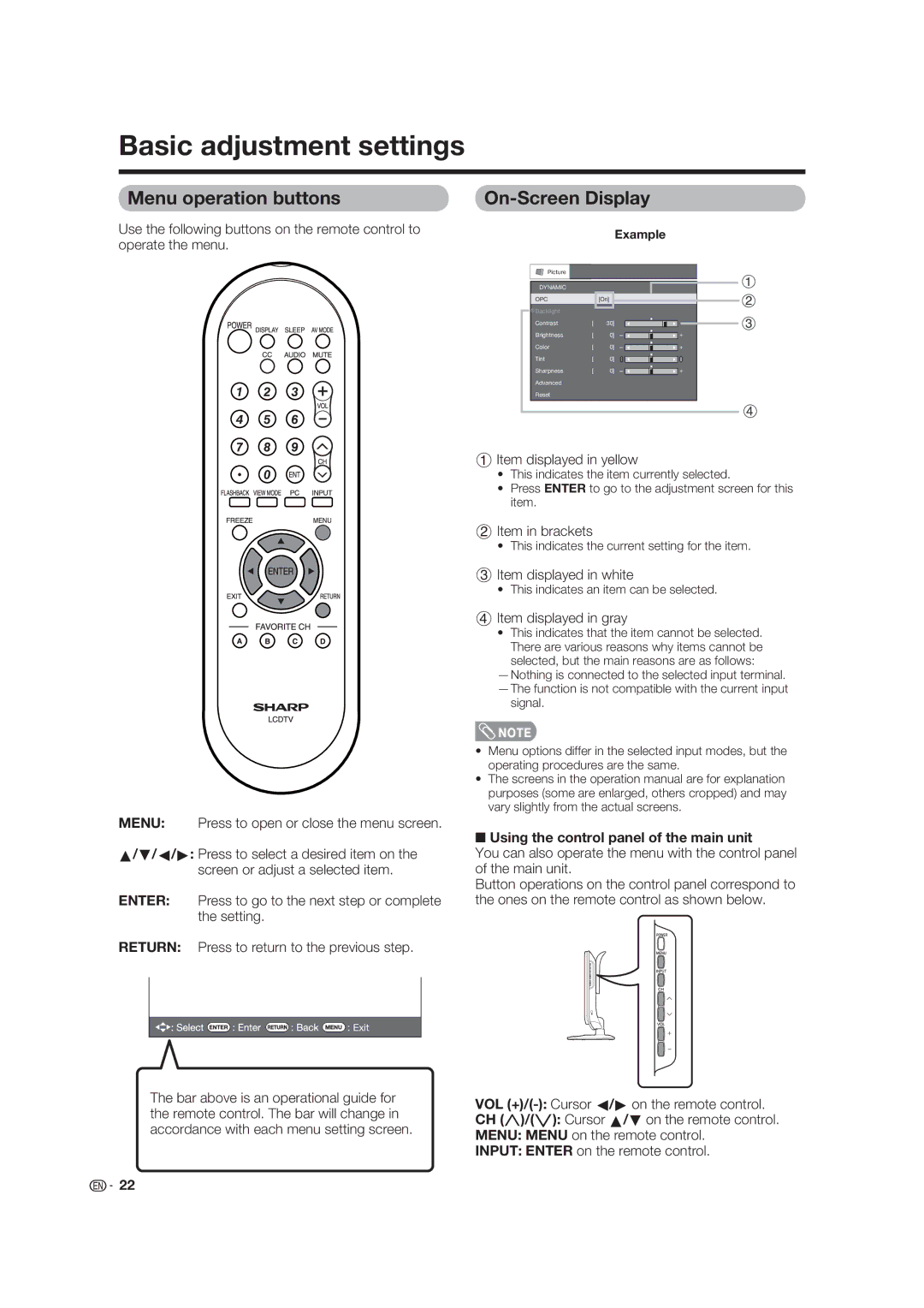 Sharp LC-19D45U operation manual Basic adjustment settings, Menu operation buttons, On-Screen Display 