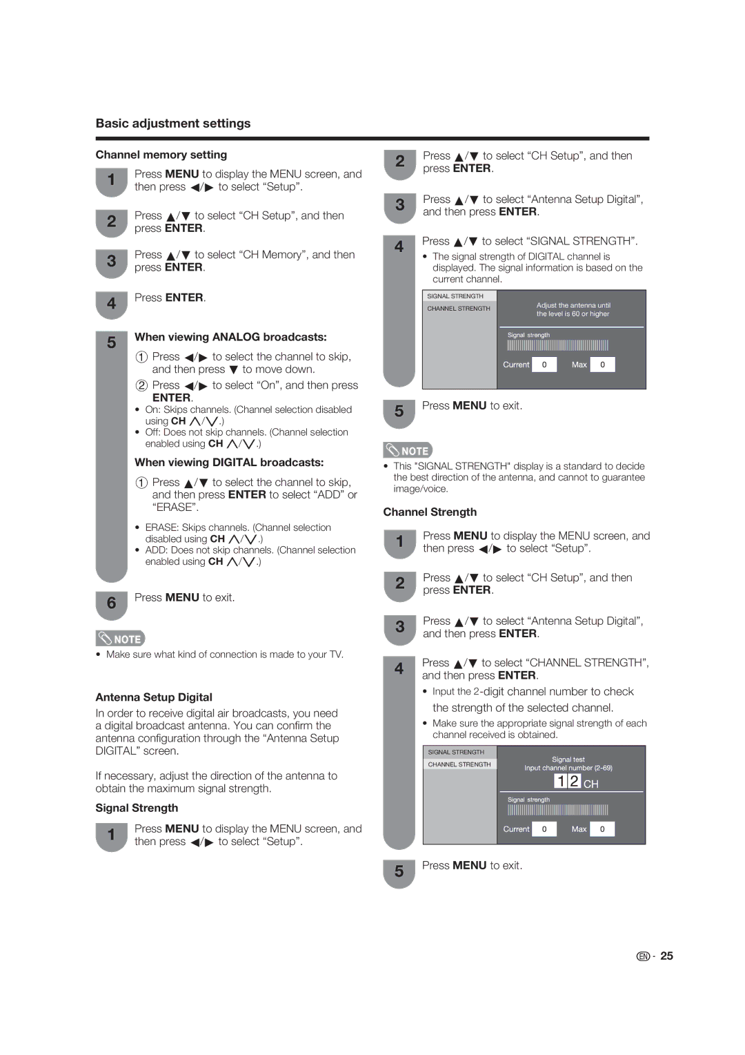 Sharp LC-19D45U Channel memory setting, When viewing Analog broadcasts, When viewing Digital broadcasts, Signal Strength 