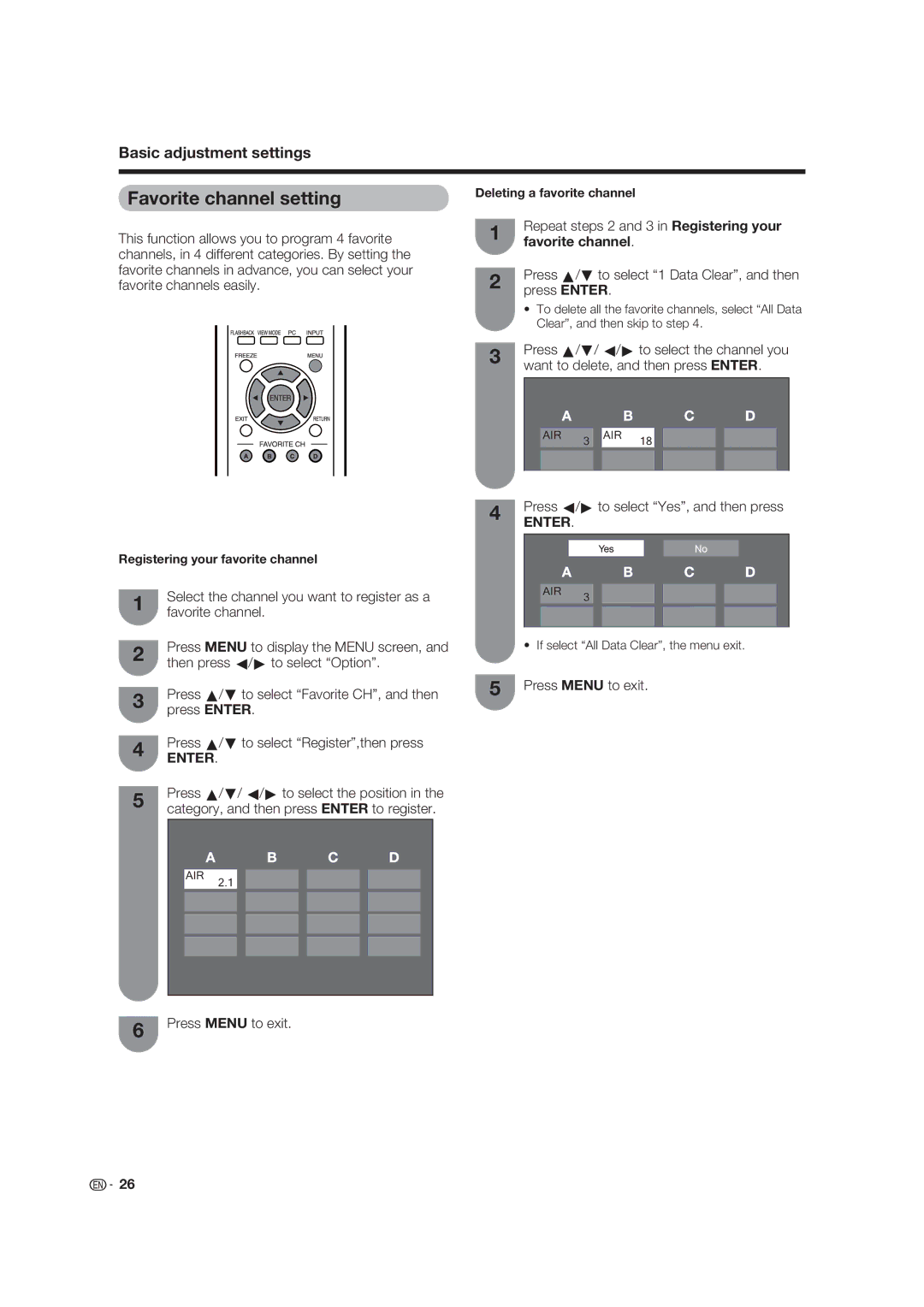 Sharp LC-19D45U operation manual Favorite channel setting 