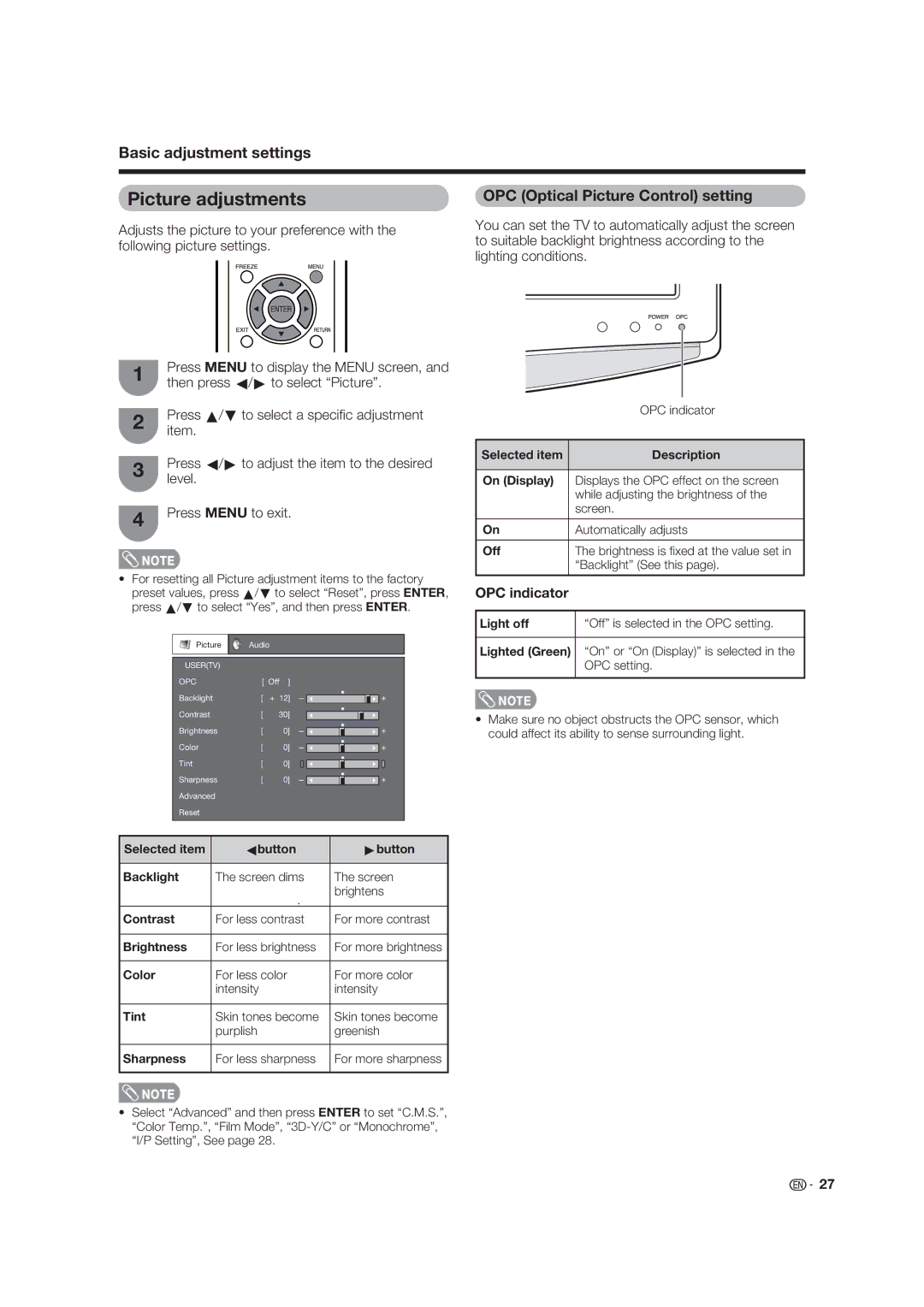 Sharp LC-19D45U operation manual Picture adjustments, OPC indicator 