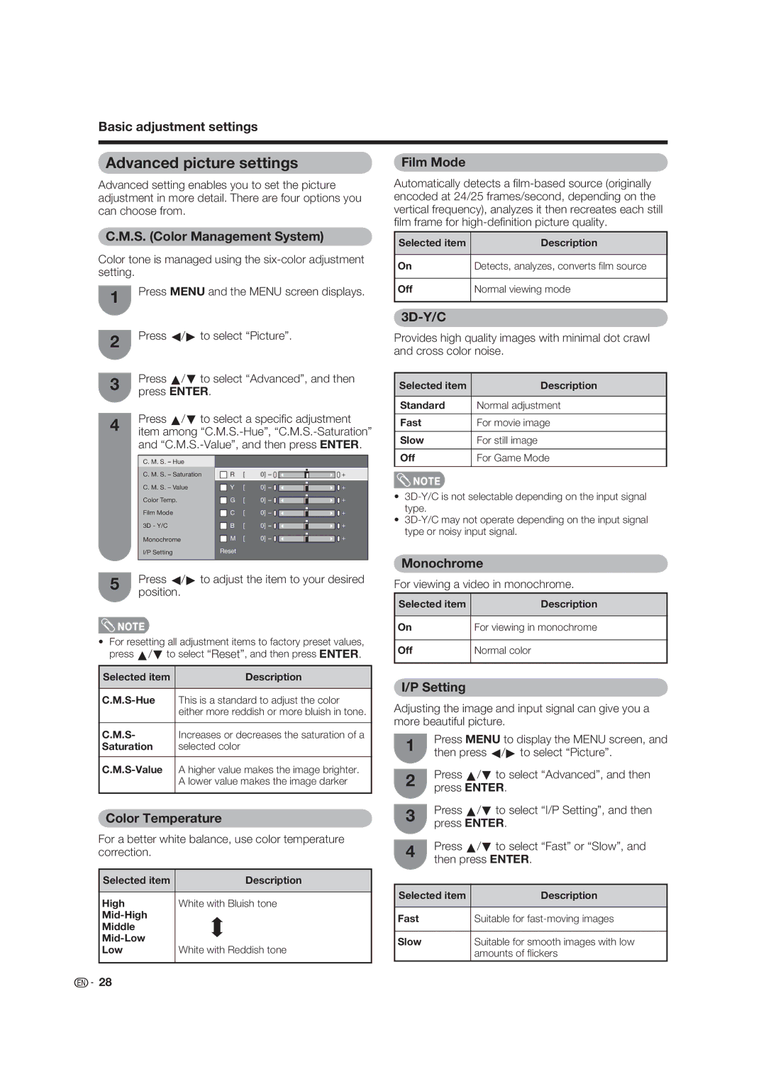 Sharp LC-19D45U operation manual Advanced picture settings, Film Mode 