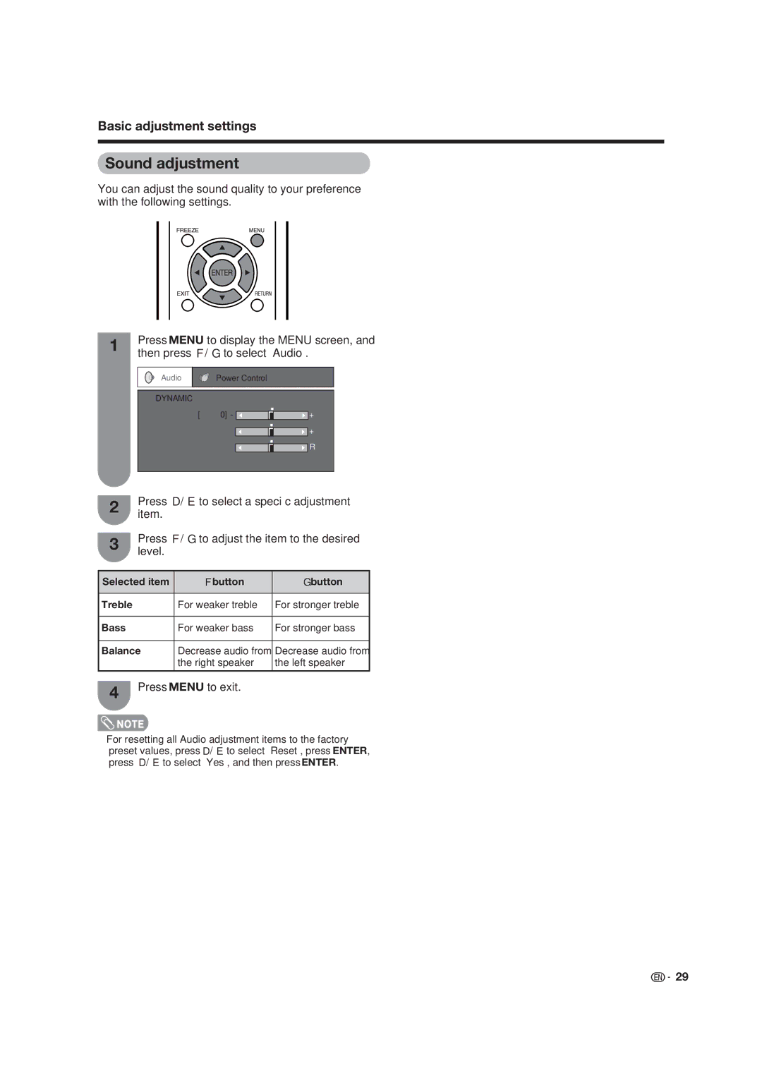 Sharp LC-19D45U operation manual Sound adjustment, Then press c/d to select Audio, Cbutton Dbutton Treble, Bass, Balance 