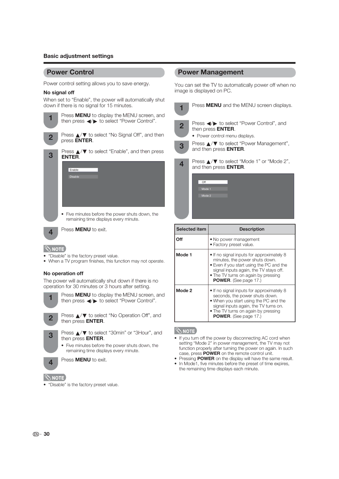 Sharp LC-19D45U operation manual Power Control, Power Management, No signal off, No operation off 