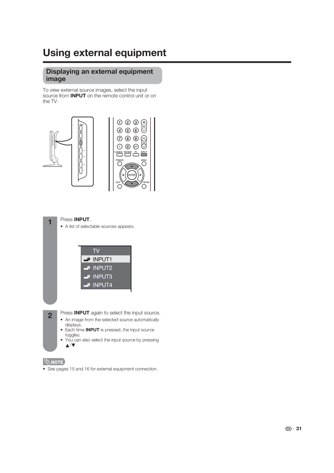 Sharp LC-19D45U operation manual Using external equipment, Displaying an external equipment image 