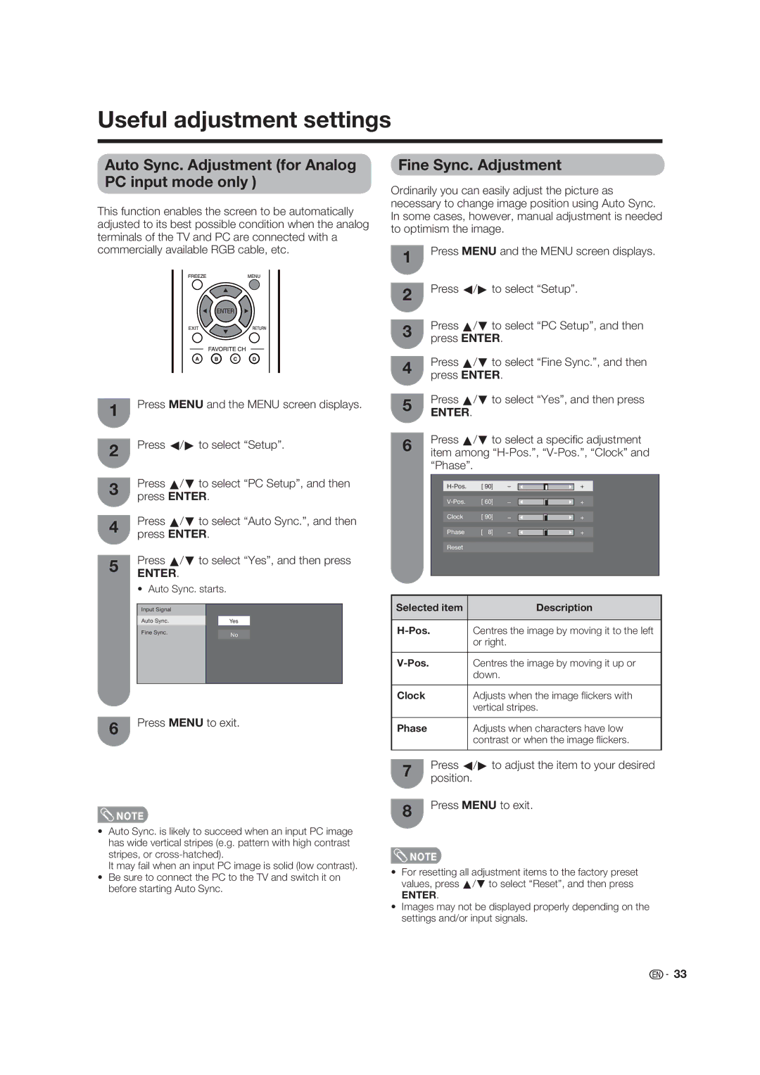 Sharp LC-19D45U Useful adjustment settings, Auto Sync. Adjustment for Analog PC input mode only, Fine Sync. Adjustment 