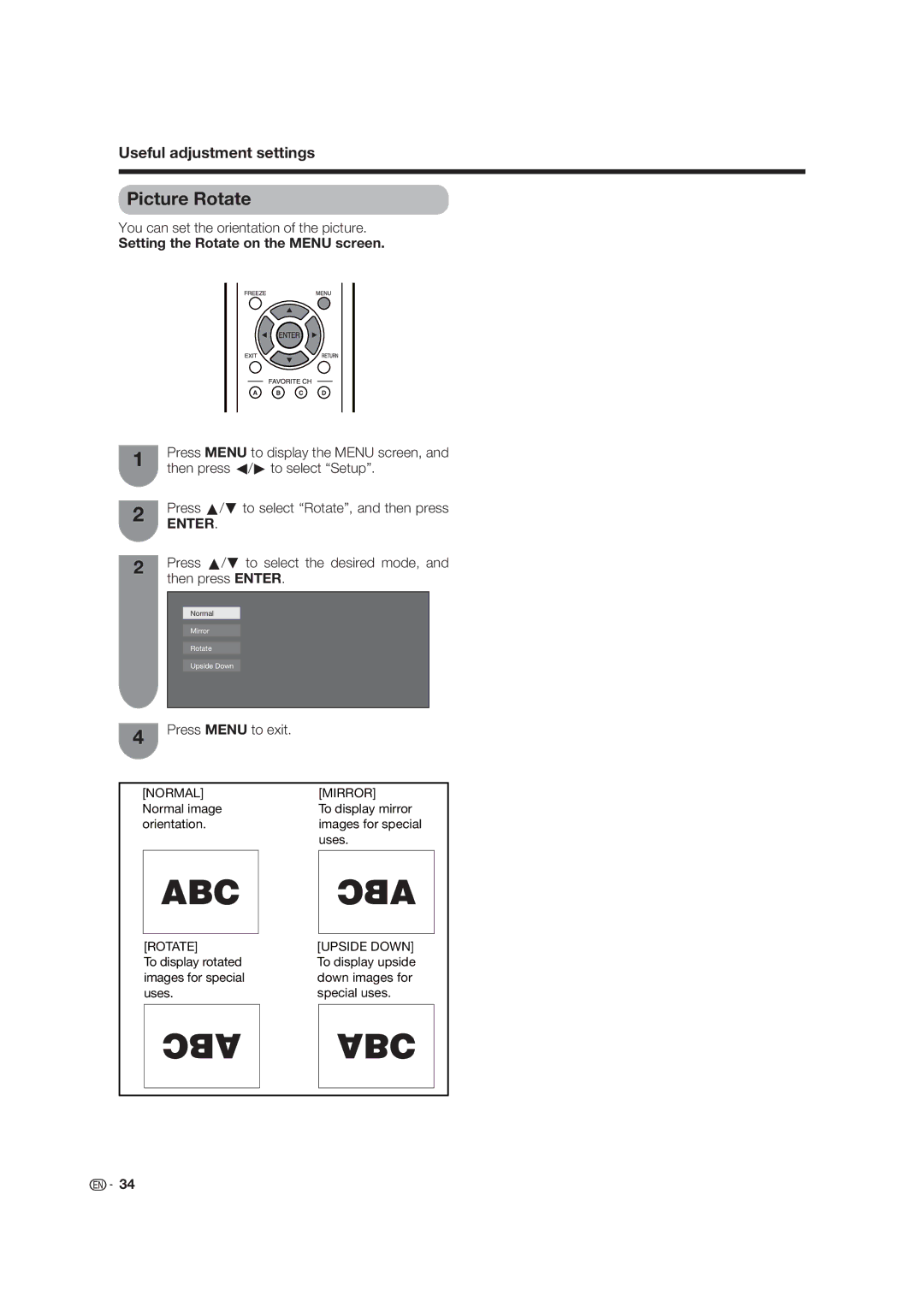 Sharp LC-19D45U Picture Rotate, You can set the orientation of the picture, Setting the Rotate on the Menu screen 