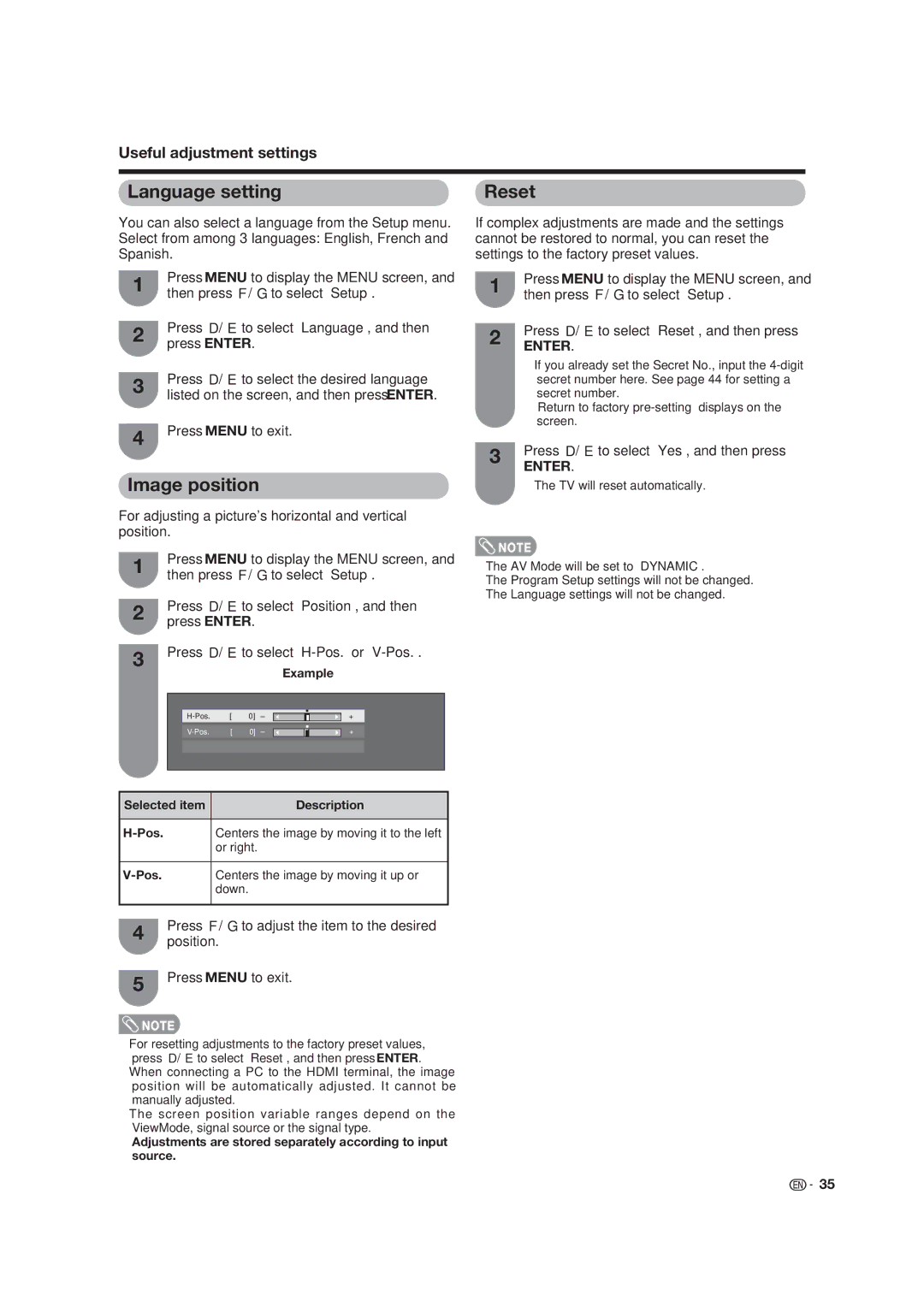 Sharp LC-19D45U operation manual Language setting Reset, Image position 