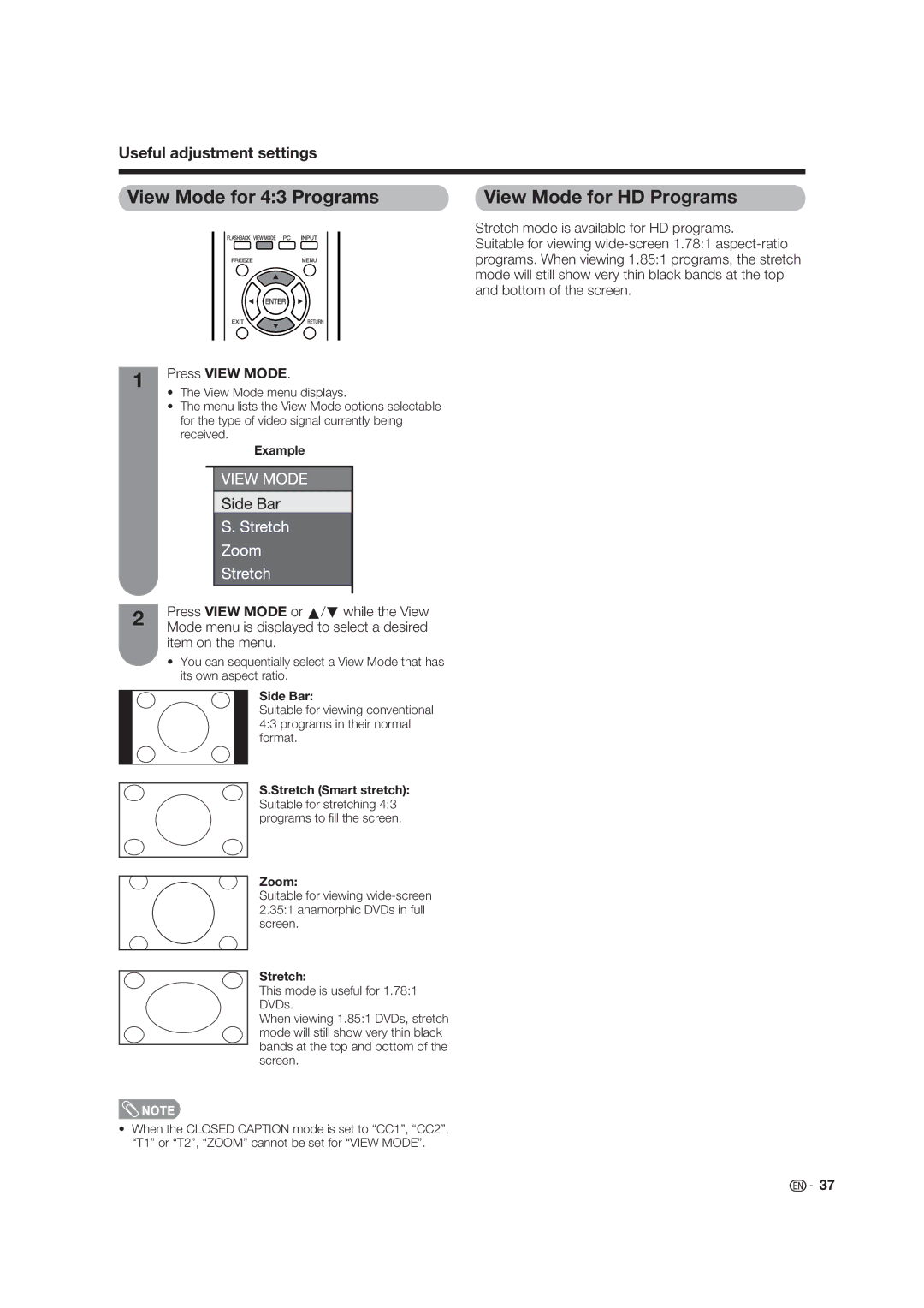 Sharp LC-19D45U operation manual View Mode for 43 Programs View Mode for HD Programs, Press View Mode, Item on the menu 