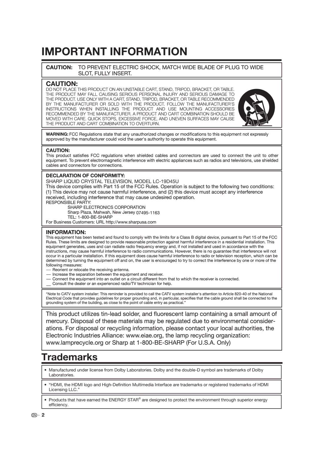 Sharp LC-19D45U operation manual Trademarks 