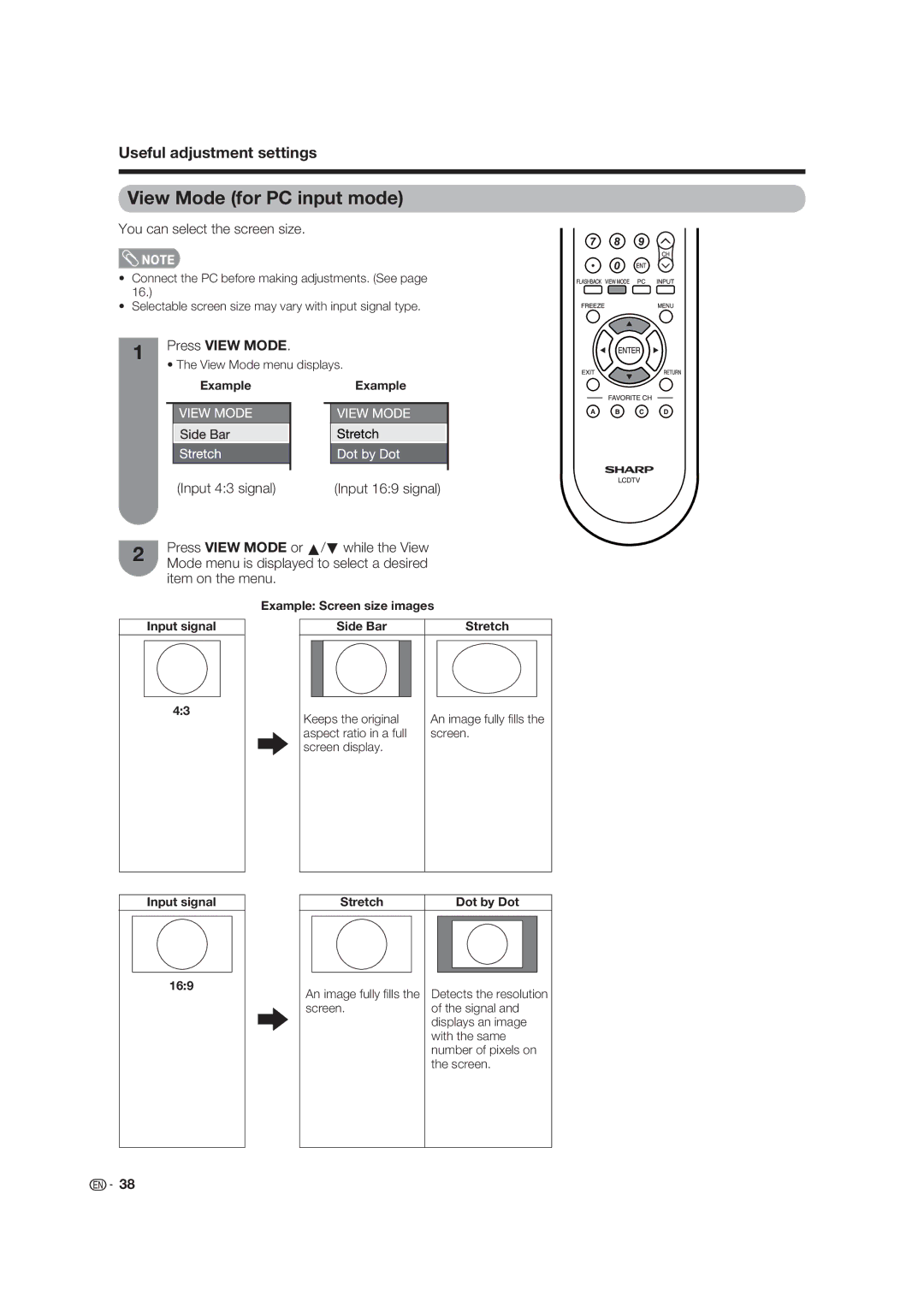 Sharp LC-19D45U View Mode for PC input mode, You can select the screen size, View Mode menu displays Example 