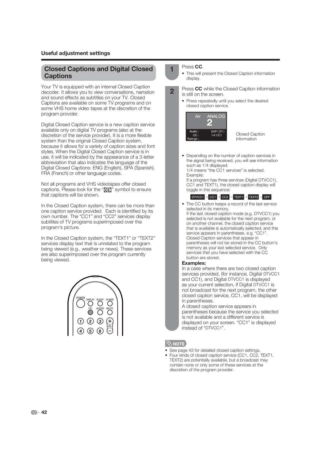 Sharp LC-19D45U operation manual Closed Captions and Digital Closed Captions, Is still on the screen, Examples 