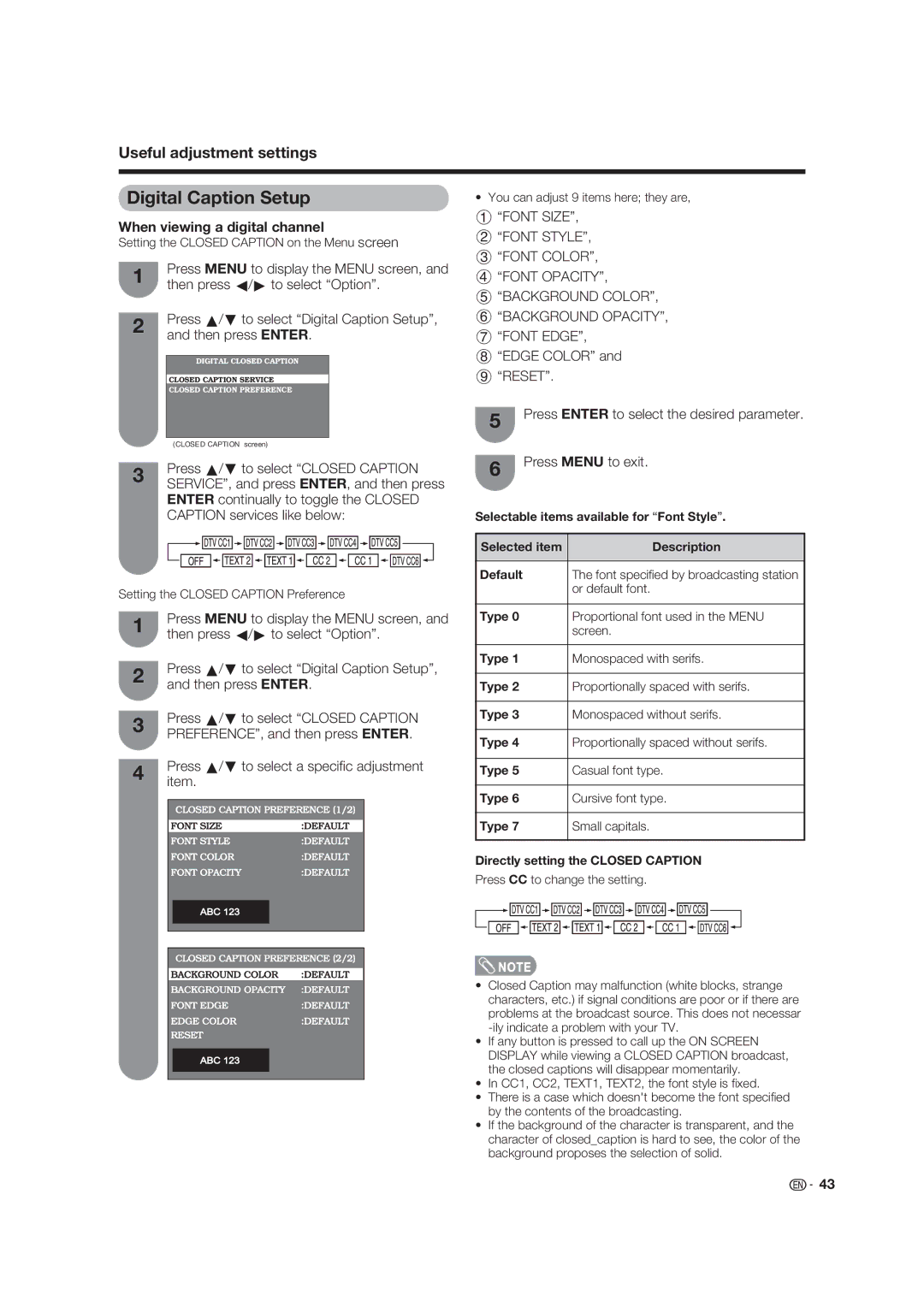 Sharp LC-19D45U operation manual Digital Caption Setup, When viewing a digital channel 