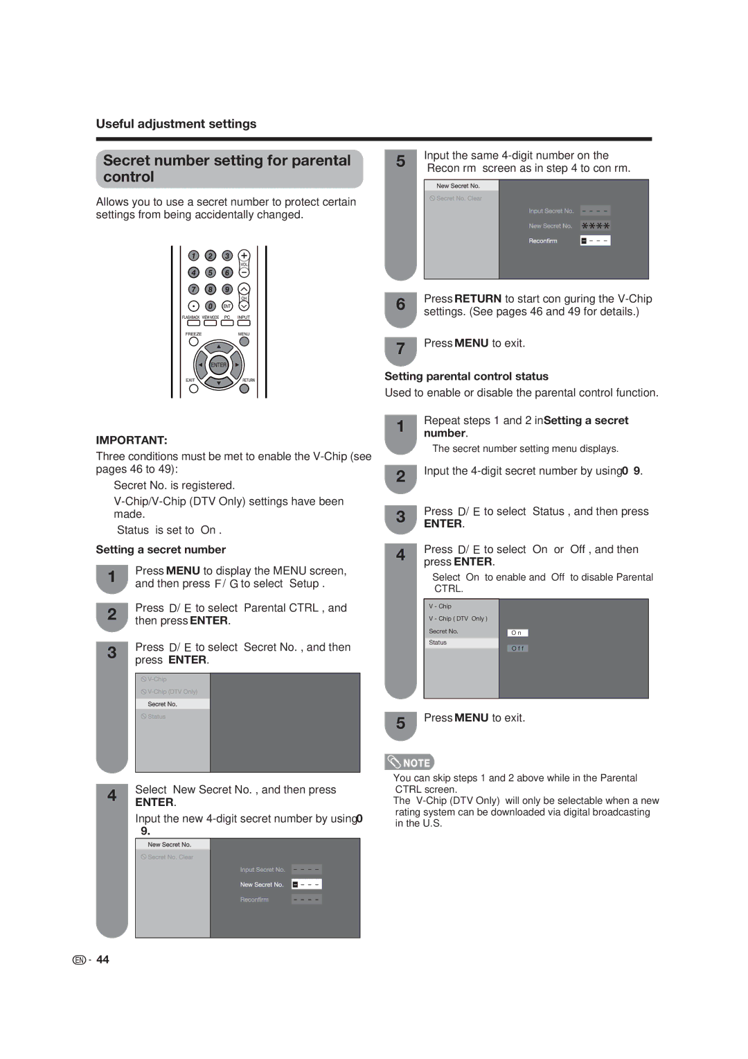 Sharp LC-19D45U operation manual Secret number setting for parental control, Setting parental control status, Number 