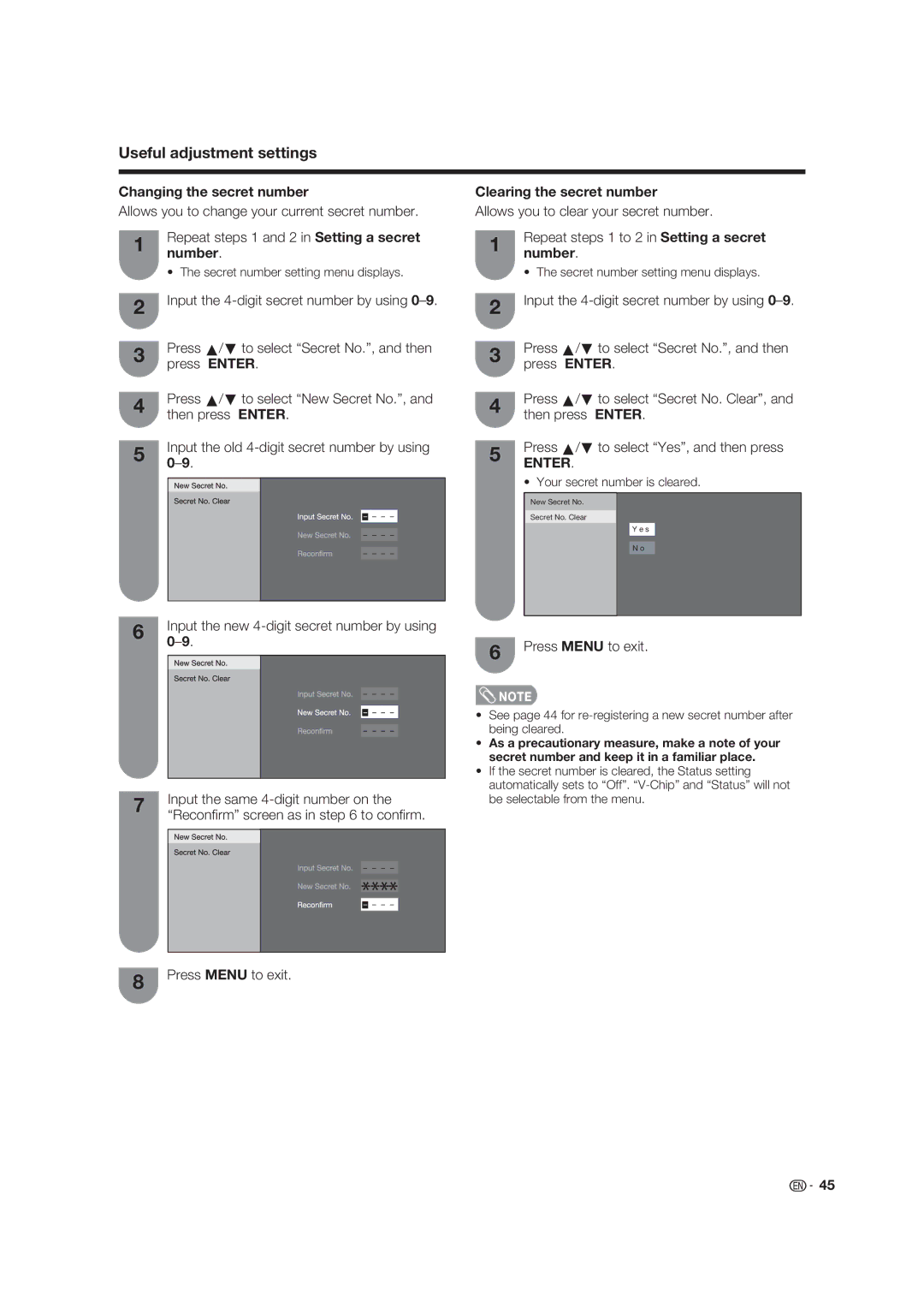 Sharp LC-19D45U operation manual Changing the secret number, Press a/b to select New Secret No, Clearing the secret number 