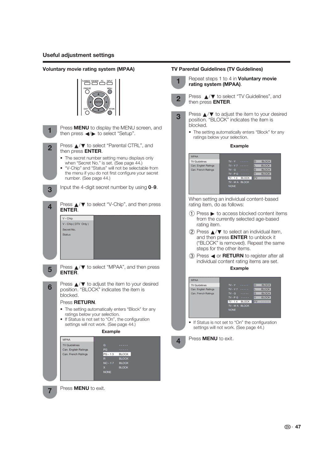 Sharp LC-19D45U operation manual TV Parental Guidelines TV Guidelines, Rating system Mpaa 