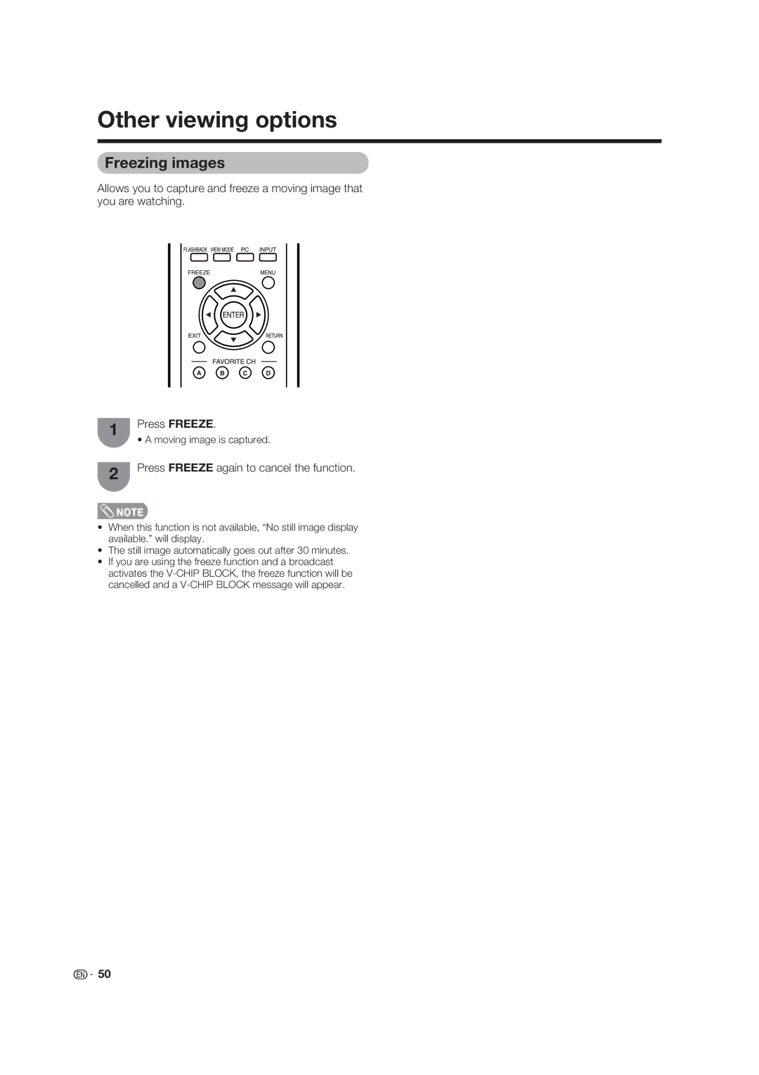 Sharp LC-19D45U operation manual Other viewing options, Freezing images, Press Freeze again to cancel the function 