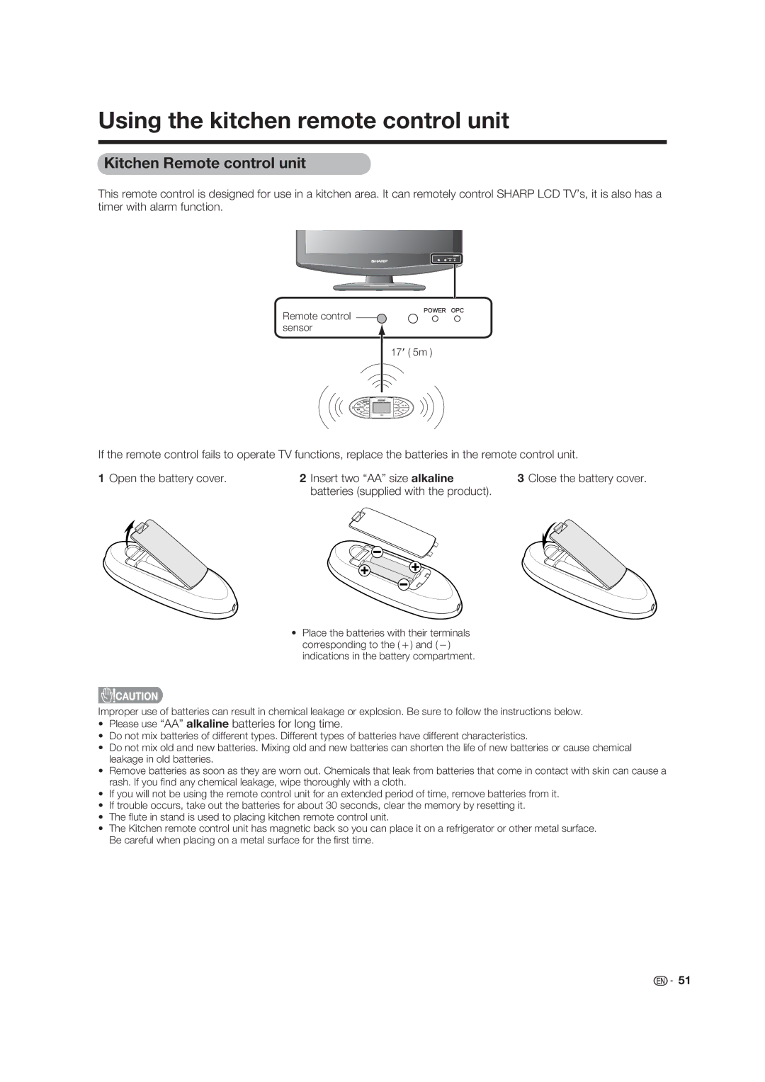 Sharp LC-19D45U operation manual Using the kitchen remote control unit, Please use AA alkaline batteries for long time 