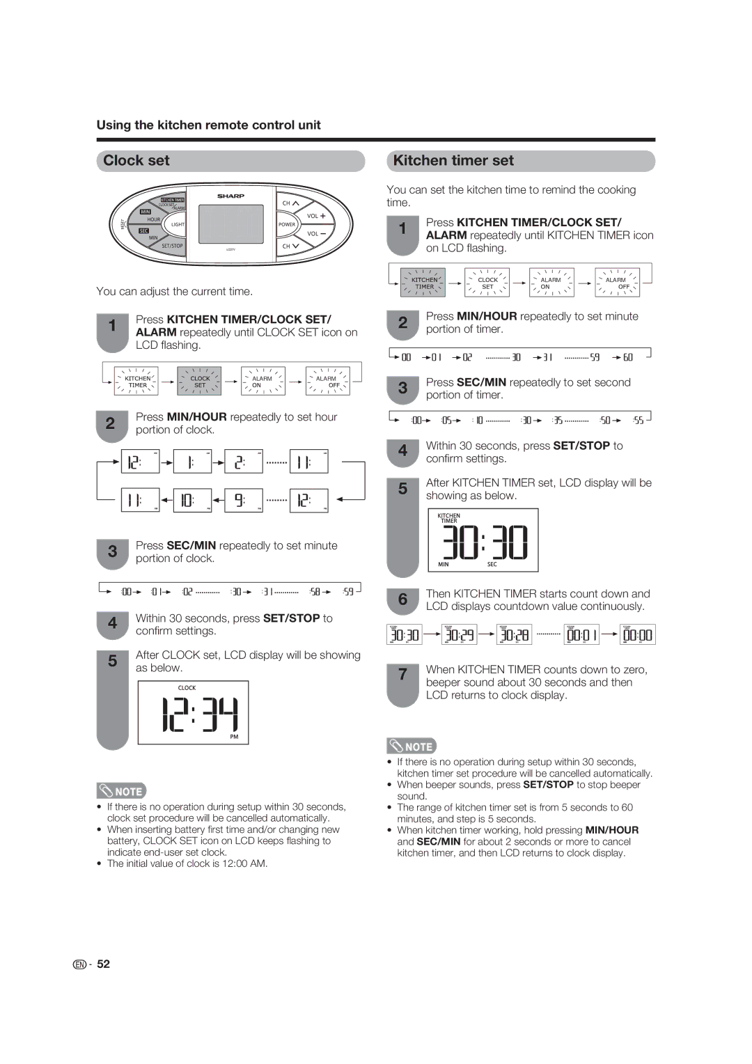 Sharp LC-19D45U operation manual Clock set, Press Kitchen TIMER/CLOCK SET 