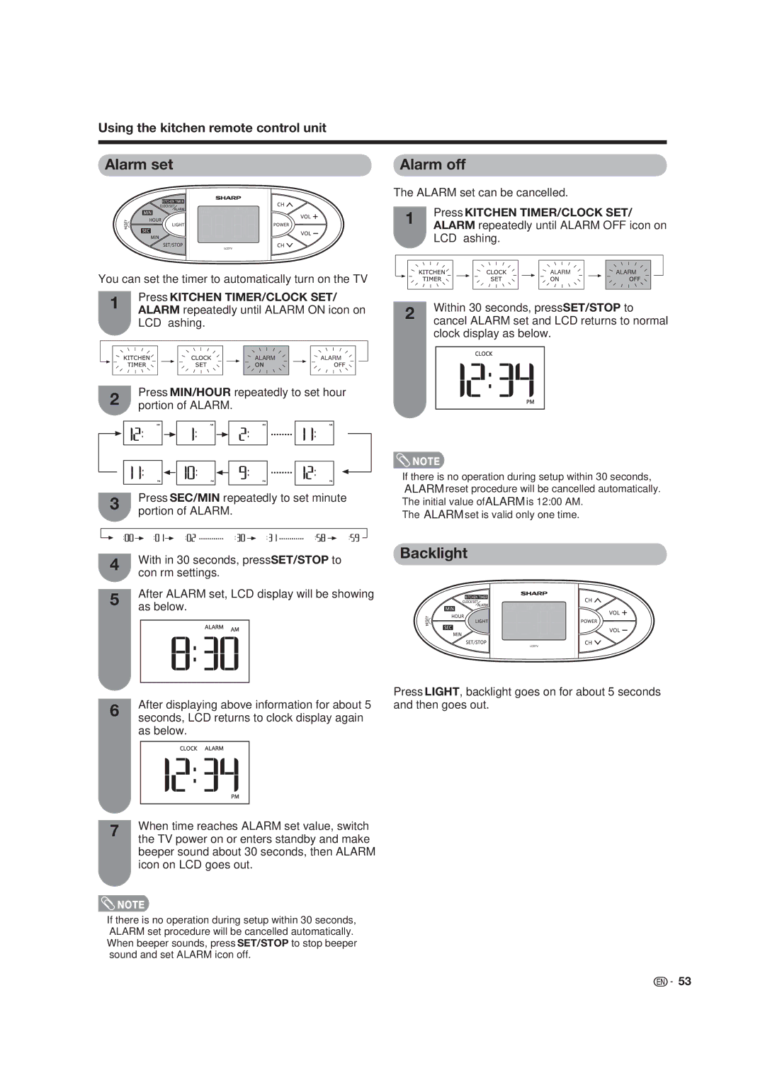 Sharp LC-19D45U operation manual Alarm setAlarm off, Backlight 