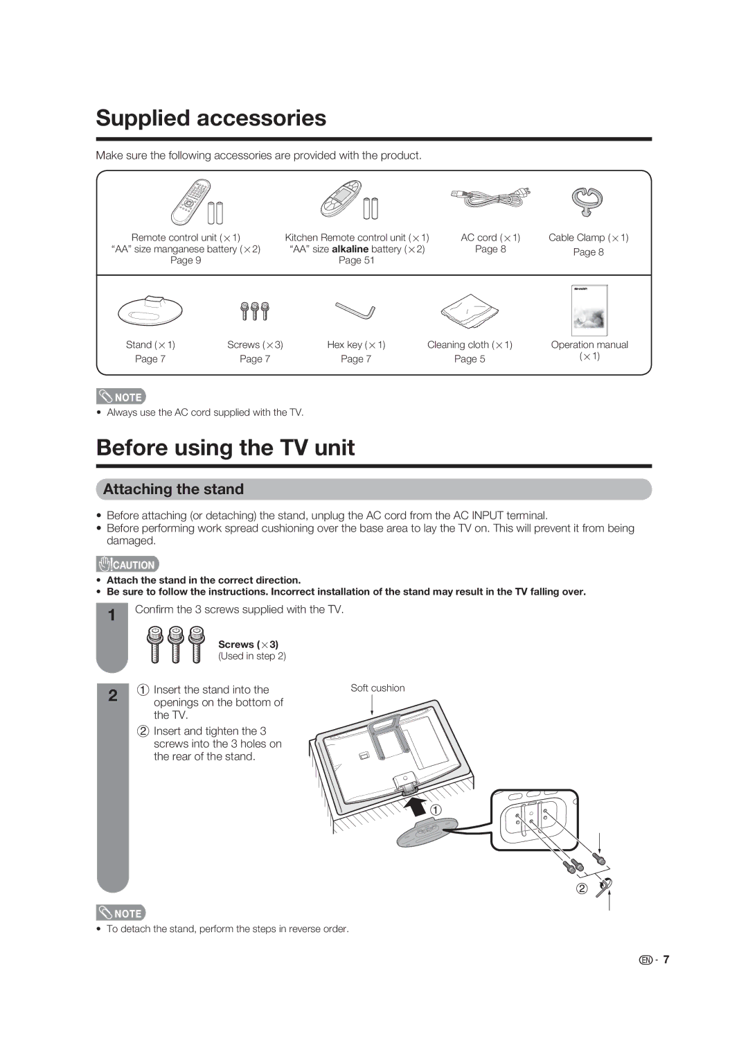 Sharp LC-19D45U operation manual Supplied accessories, Before using the TV unit, Attaching the stand, Insert the stand into 