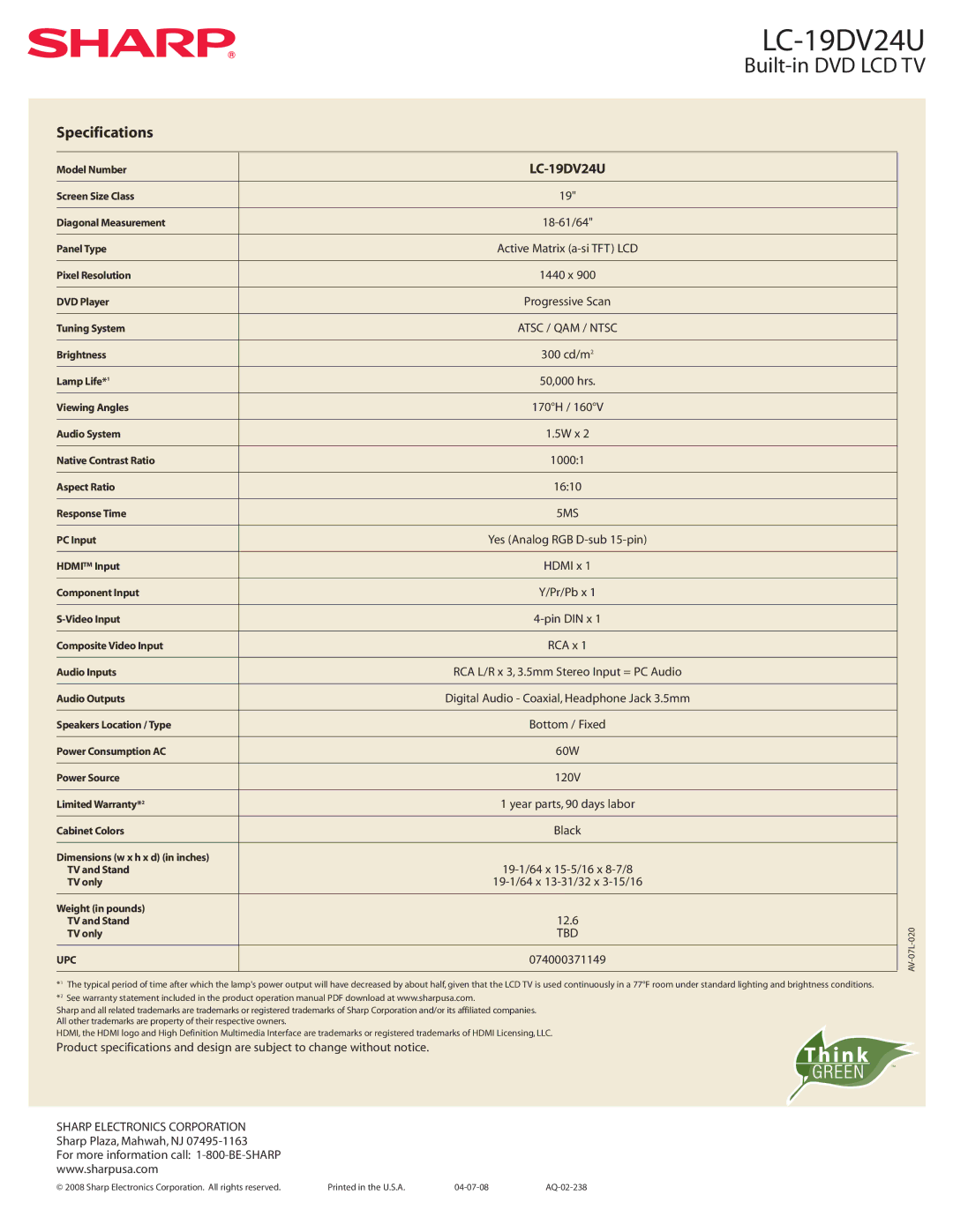 Sharp LC 19DV24U manual Specifications, LC-19DV24U, Sharp Electronics Corporation, Upc 