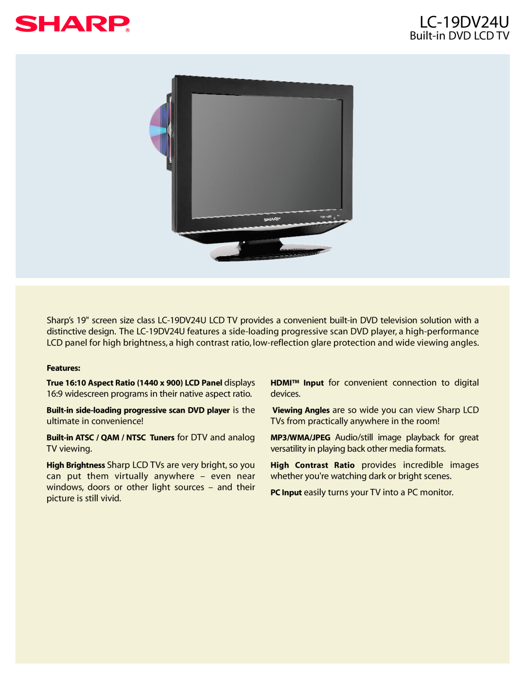 Sharp LC 19DV24U manual LC-19DV24U, Built-in DVD LCD TV 