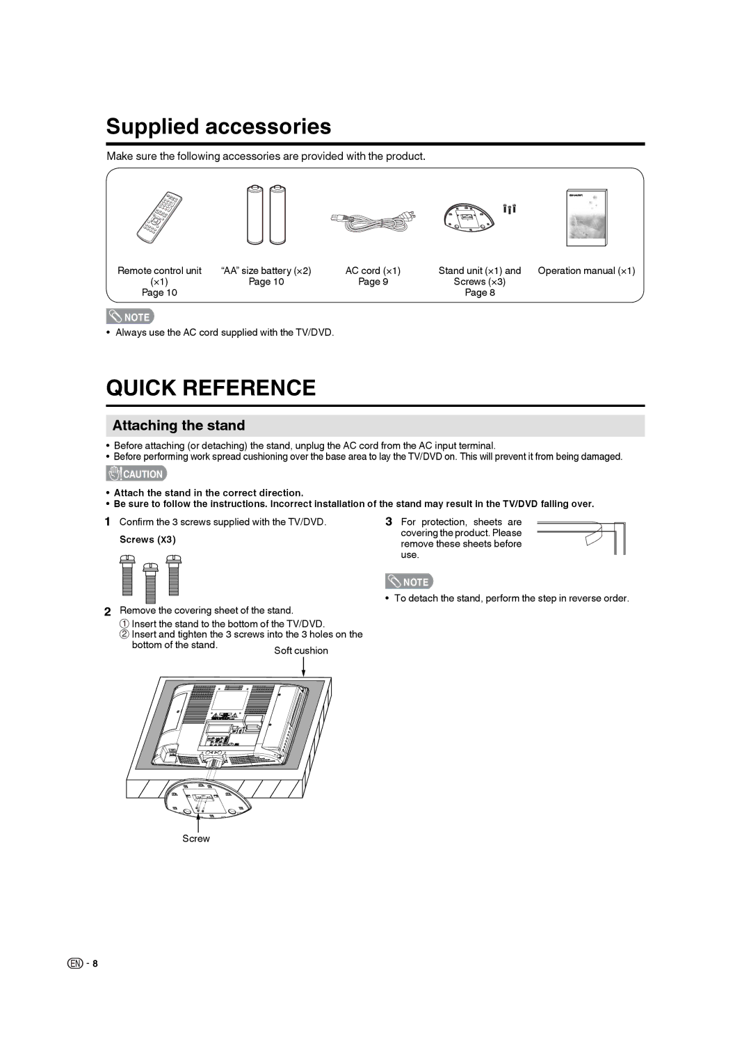 Sharp LC-19DV28UT Supplied accessories, Attaching the stand, Confirm the 3 screws supplied with the TV/DVD, Screws 