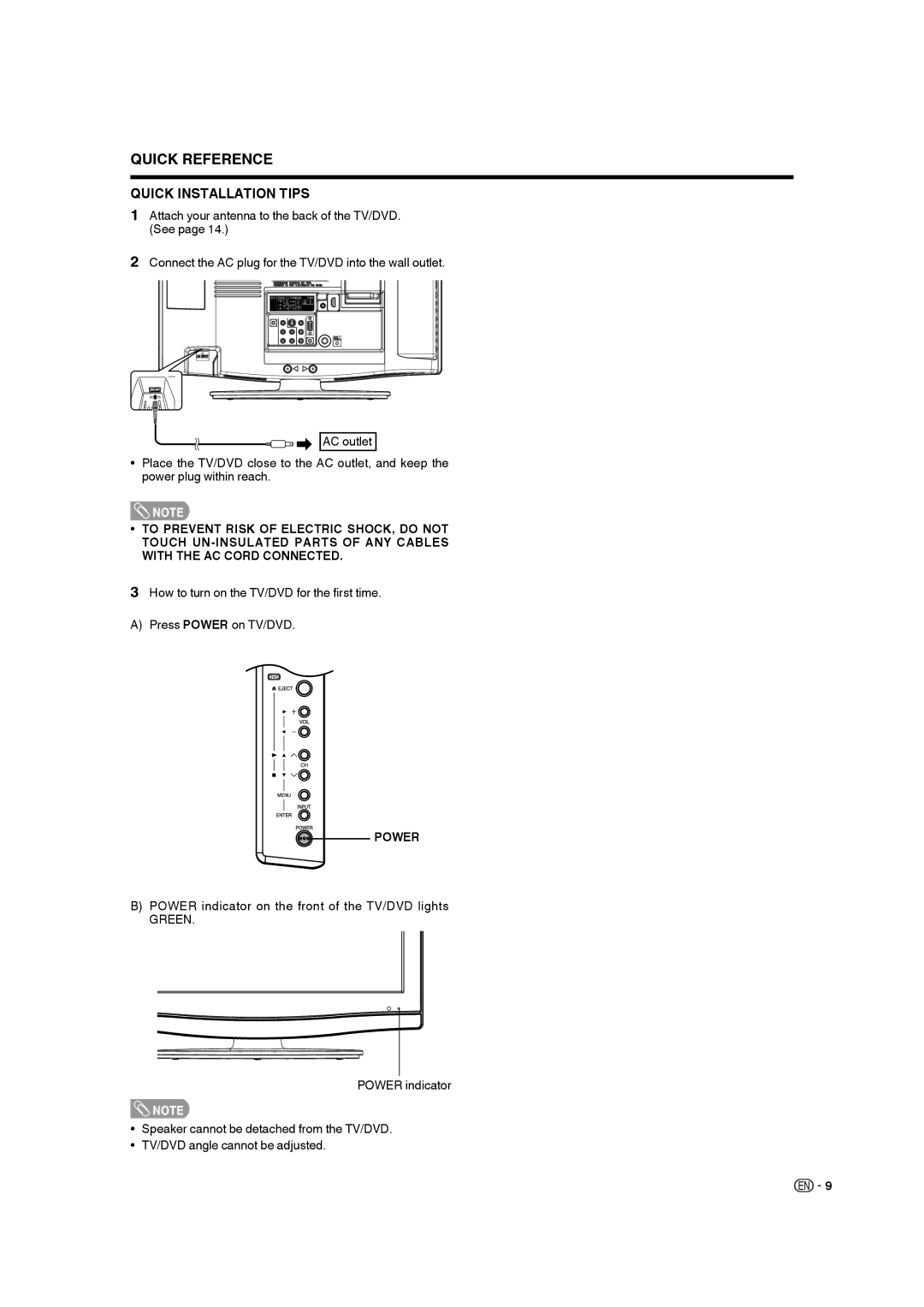 Sharp LC-19DV28UT operation manual Power indicator on the front of the TV/DVD lights 