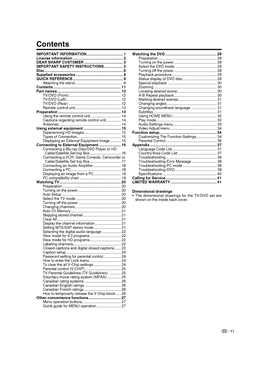 Sharp LC-19DV28UT operation manual Contents 