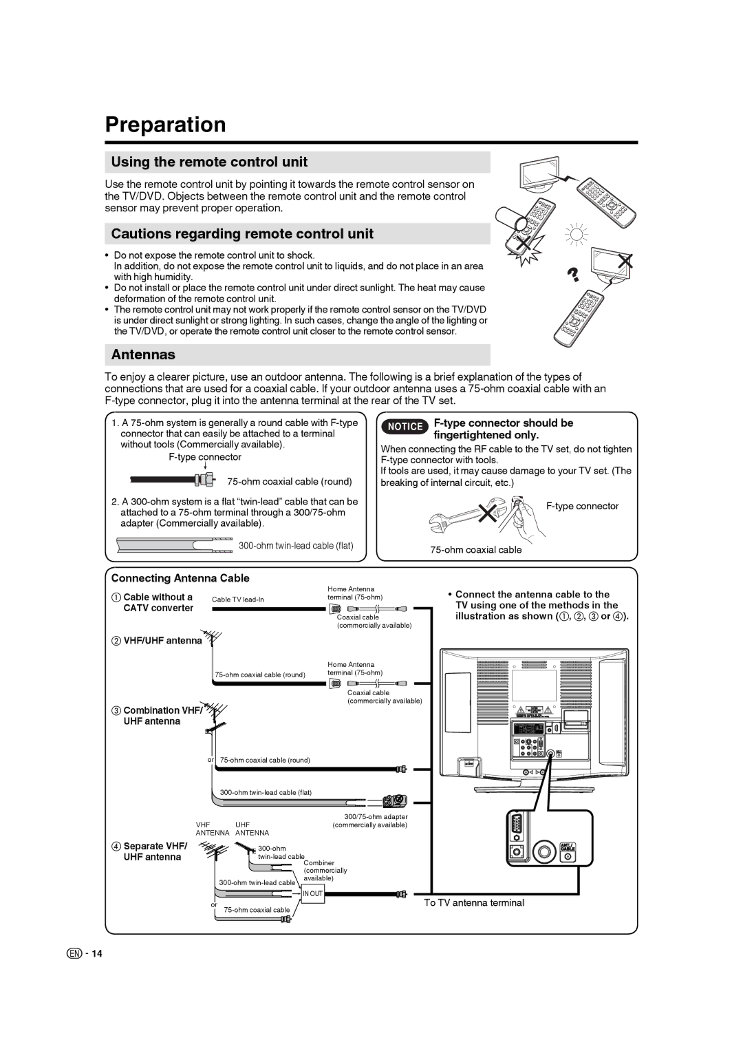 Sharp LC-19DV28UT Preparation, Using the remote control unit, Antennas, Fingertightened only, Connecting Antenna Cable 