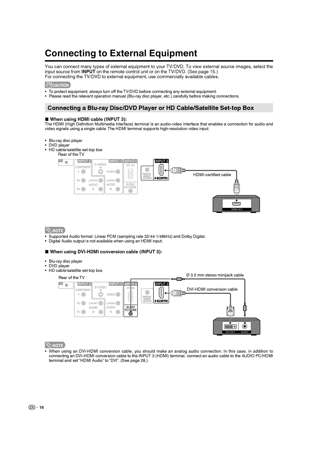 Sharp LC-19DV28UT operation manual Connecting to External Equipment, When using Hdmi cable Input 